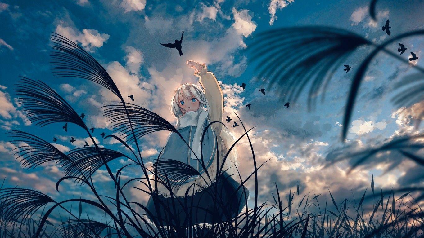 1366x768 Download 1366x768 Cute Anime Girl, Plants, Anime Landscape, Clouds, Bird, Short Hair Wallpaper for Laptop, Notebook