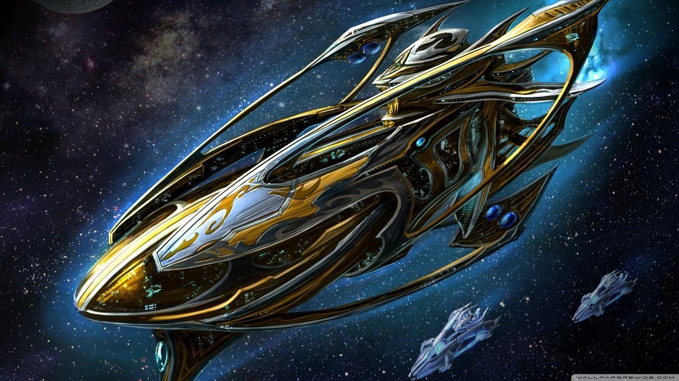 1366x768 Starcraft Protoss Battleship HD desktop wallpaper : Widescreen