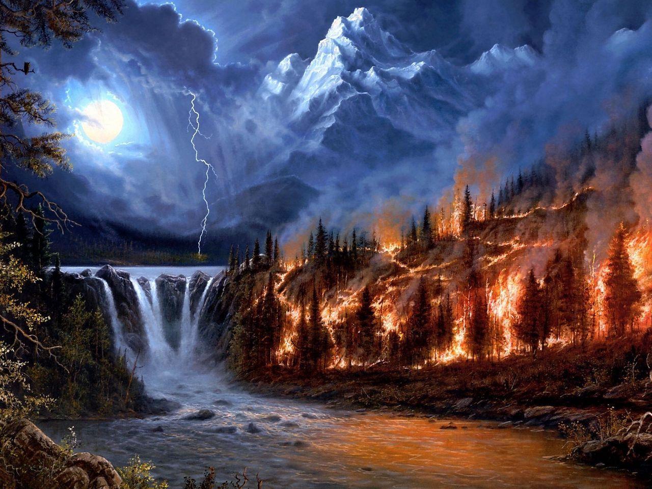 1280x960 Download wallpaper 1280x960 fire, lightning, moon, night, wood, mountains, falls, trees standard 4:3 HD background