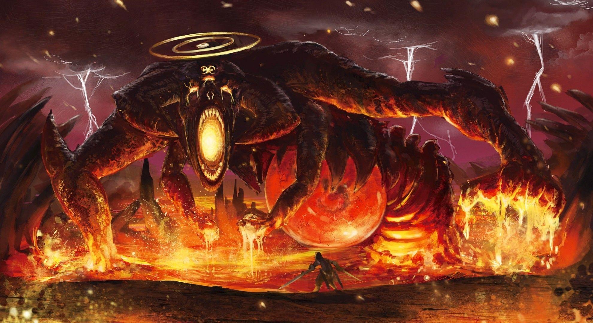 1980x1080 Download 1980x1080 Monster, Fire, Lightning, Hell, Warrior Wallpaper