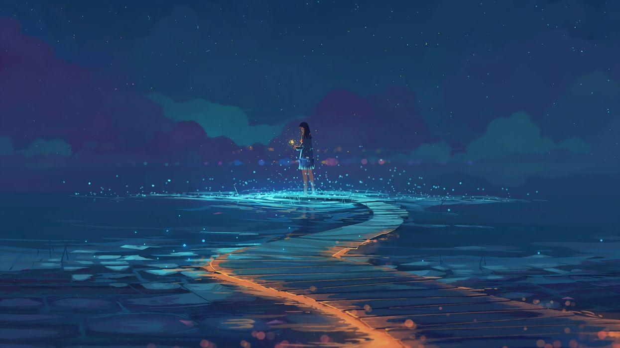 1245x700 Water girls roads sky night fire drawings fantasy widescreen wallpaperx1080