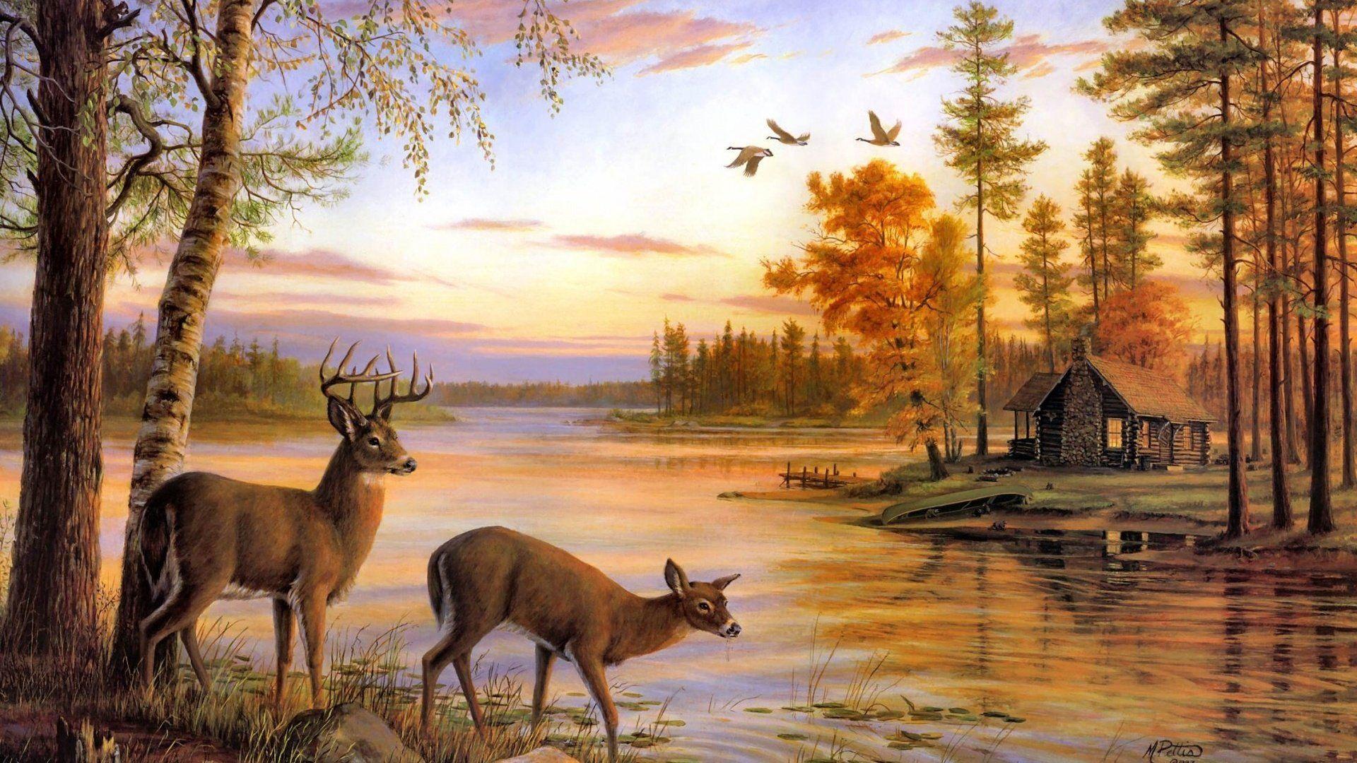 1920x1080 Art oil painting drawing Forest Lake Shore Deer Cottage wallpaperx1080