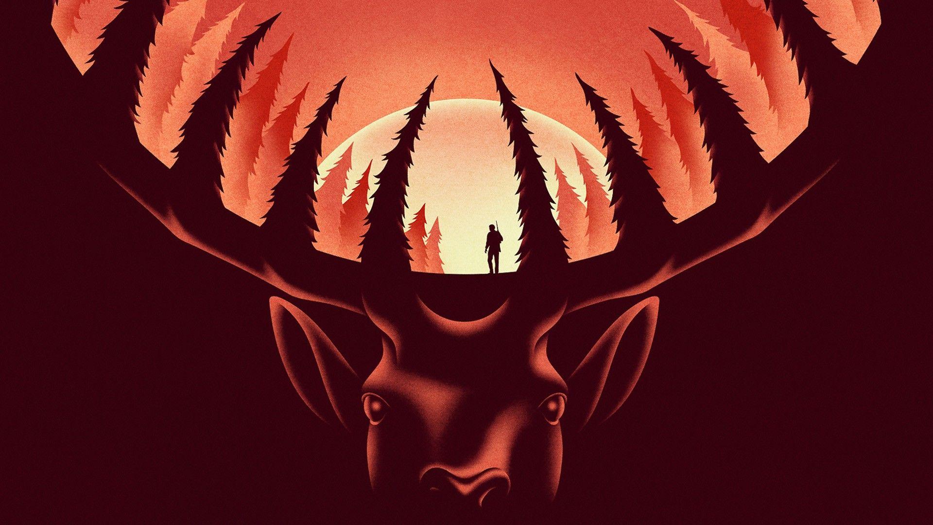 1920x1080 #deer, #hunter, #trees, #movie poster, #movies, #Moon, #nature, #animals, #antlers, #The Deer Hunter, #simple background, wallpaper. Mocah HD Wallpaper
