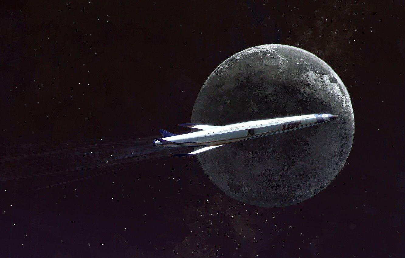 1332x850 Wallpaper Future, The moon, Space, Moon, Spaceship, Fiction, Illustration, Spaceship, Science Fiction, Spacecraft, Transport & Vehicles, Mac Rebisz, by Mac Rebisz, LOT LOT image for desktop, section космос