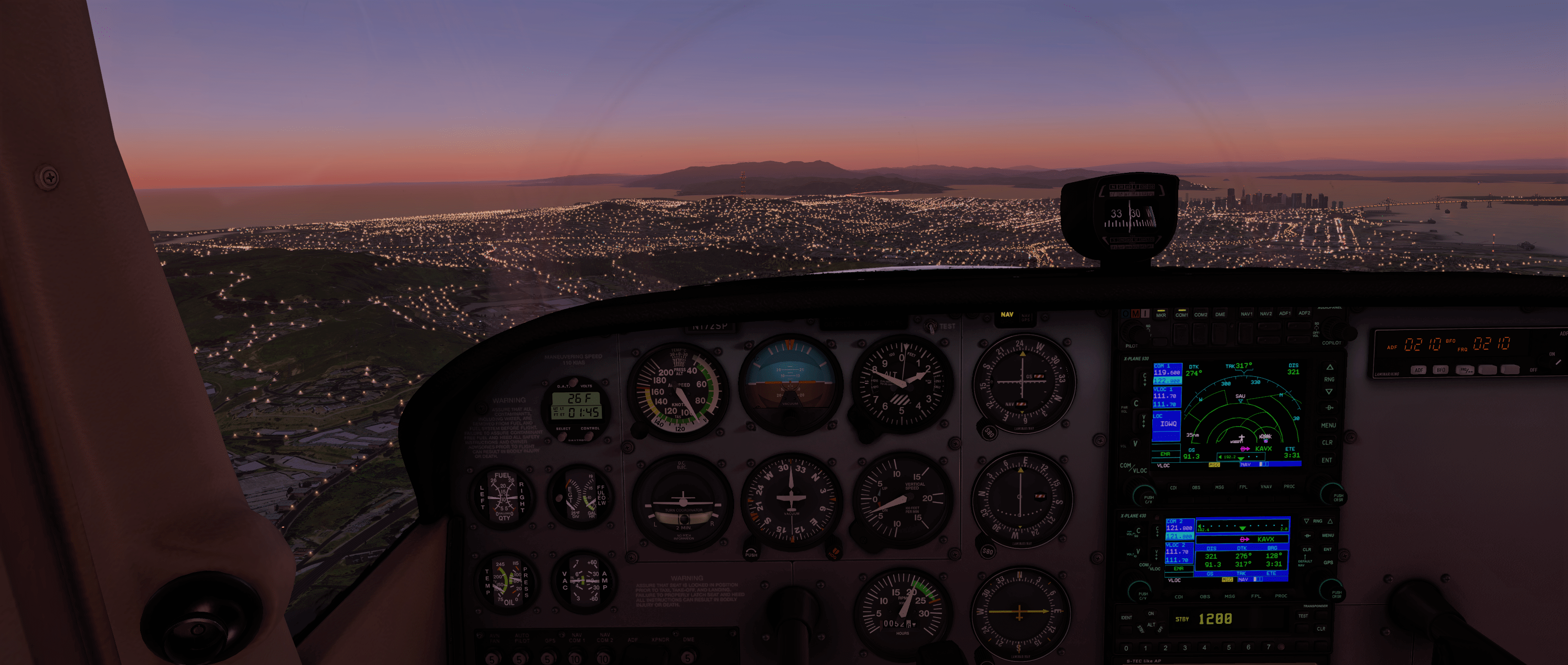 3202x1358 XP11 C172 Cockpit Wallpaper over San Francisco