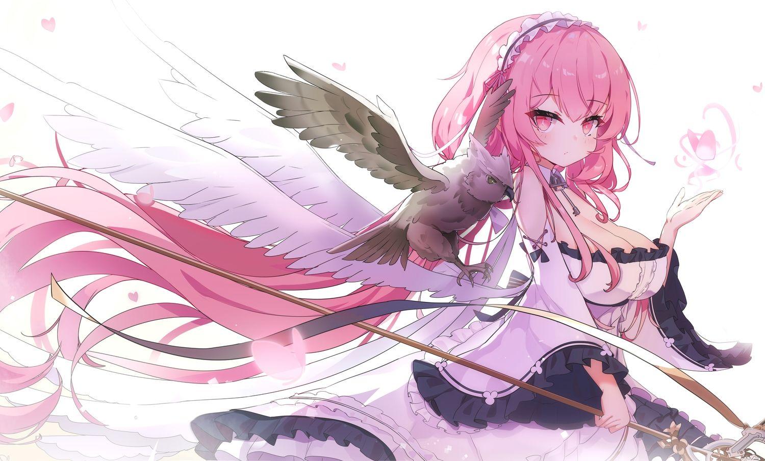 1500x904 14c animal anthropomorphism azur lane bird breasts cleavage headband long hair owl perseus (azur lane) pink eyes pink hair staff wings. konachan.com.com Anime Wallpaper