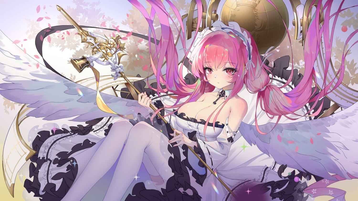 1500x844 anthropomorphism azur lane breasts cleavage long hair moonofmonster perseus (azur lane) pink eyes pink hair twintails. konachan.com.com Anime Wallpaper