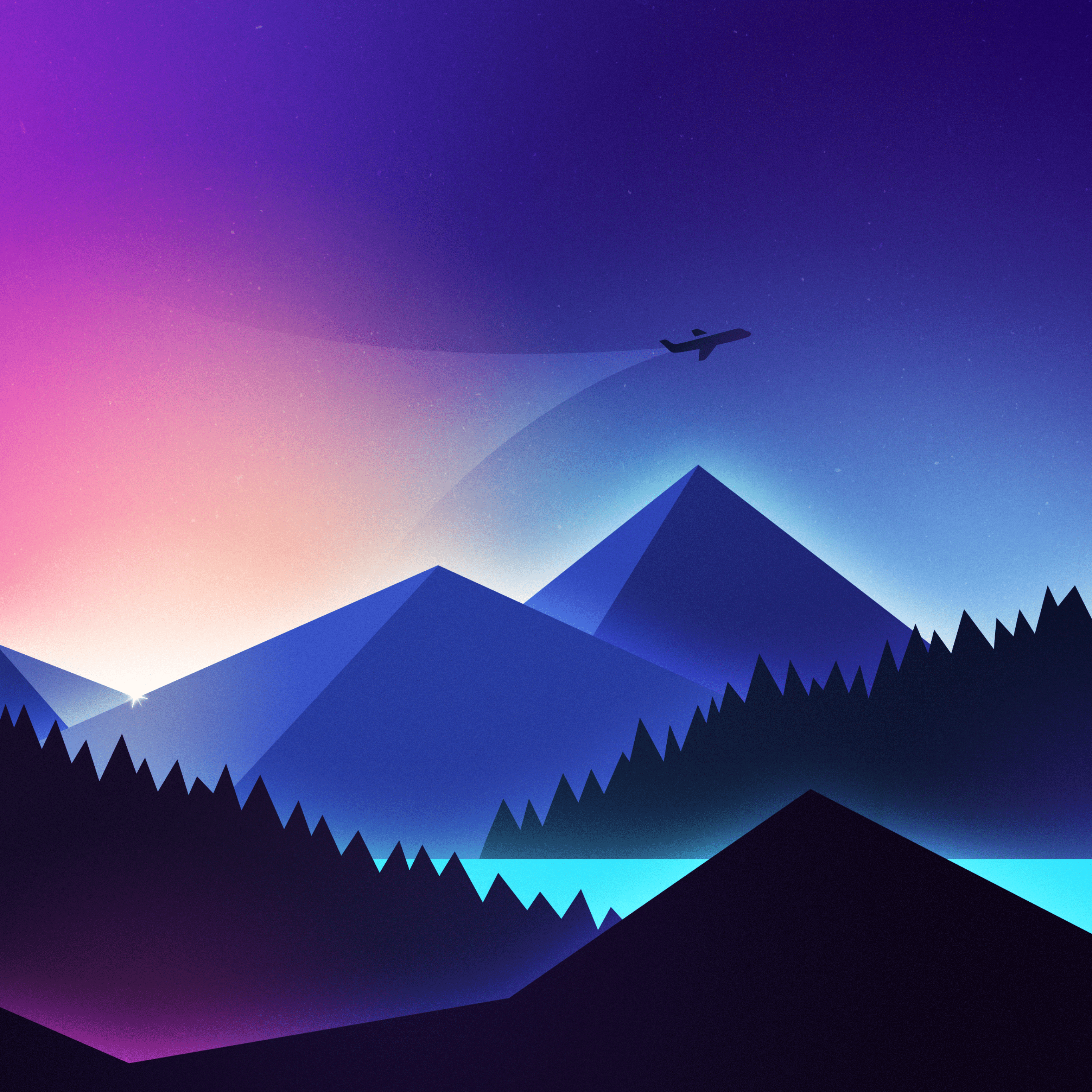2732x2732 Mountains 4K Wallpaper, Illustration, Flight, Night, Sunset, Gradient background, Nature