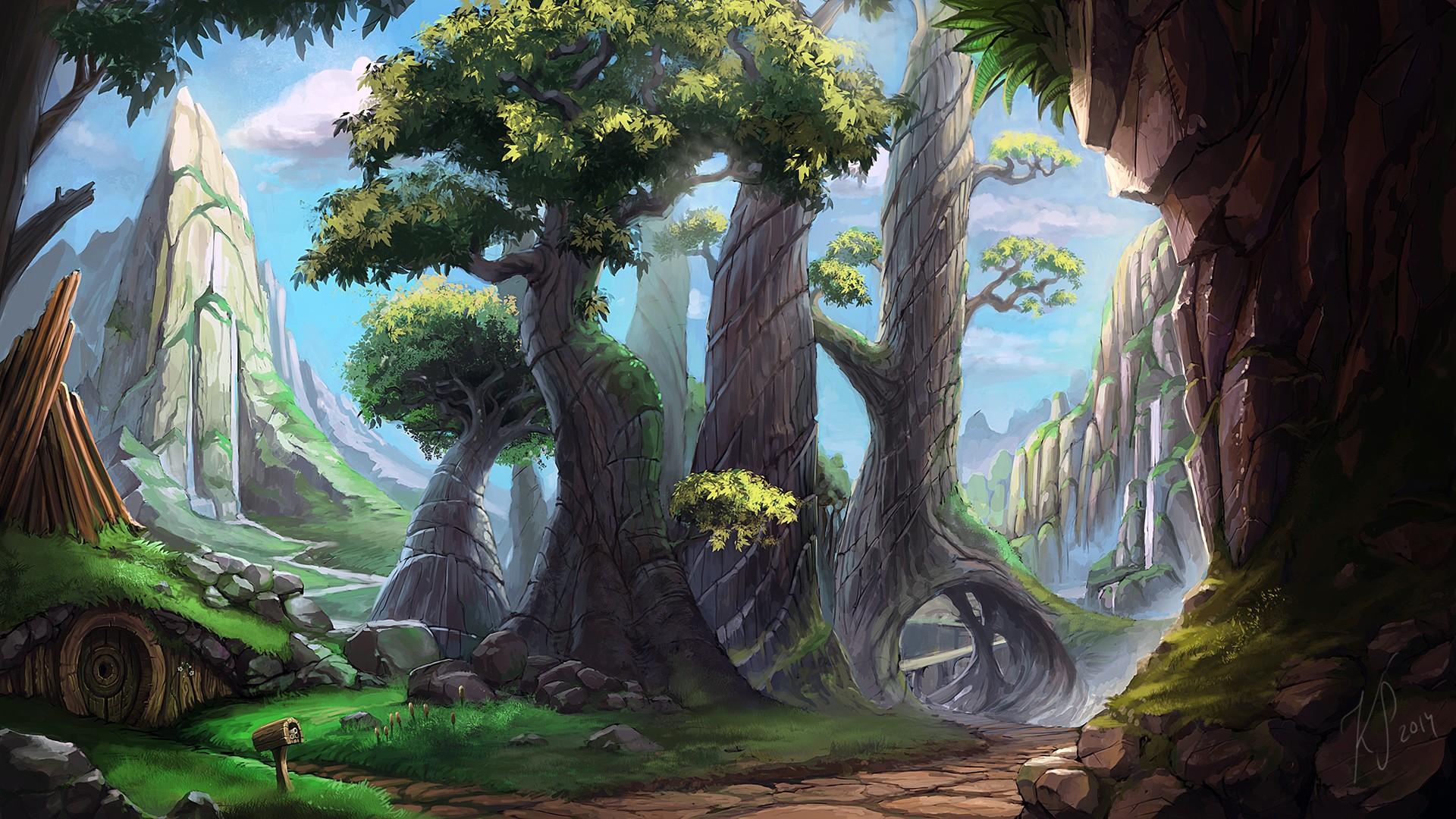 1920x1080 digital art, drawing, trees, painting, landscape, nature, forest wallpaper