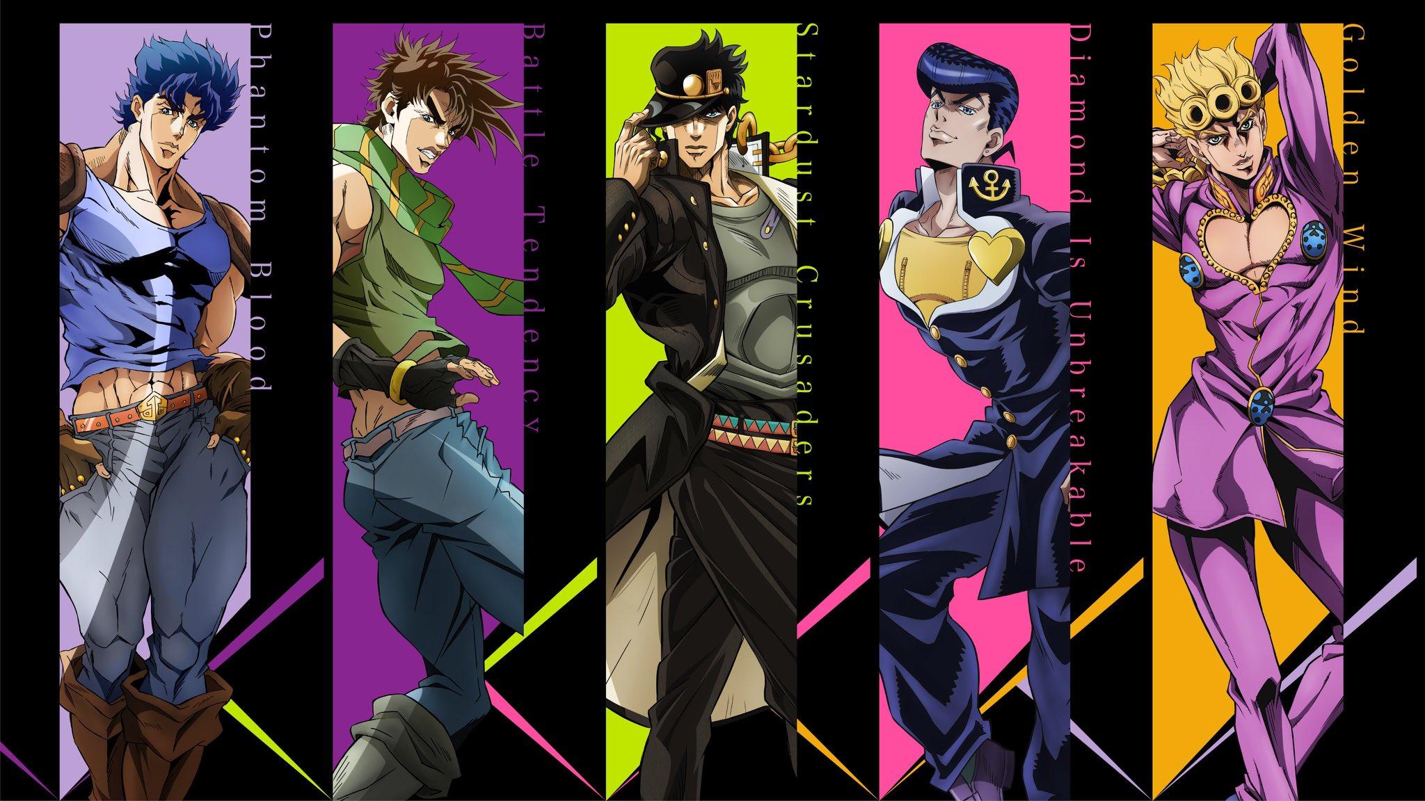 2048x1152 Safebooru artist request battle tendency black gloves black hair blonde hair blue eyes blue hair brown hair clothing cutout copyright name diamond wa kudakenai english text fingerless gloves giorno giovanna