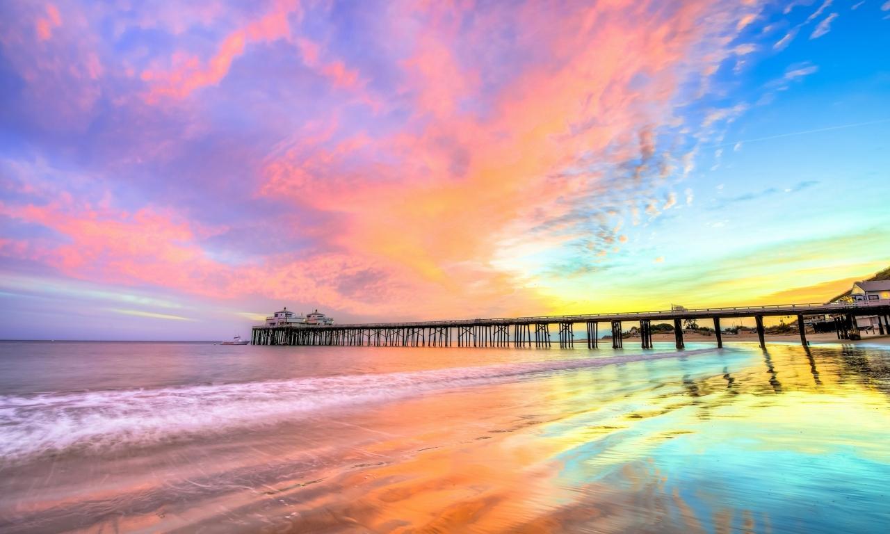 1280x768 Sunset at pier in California's Beach Wallpaper 4k Ultra HD