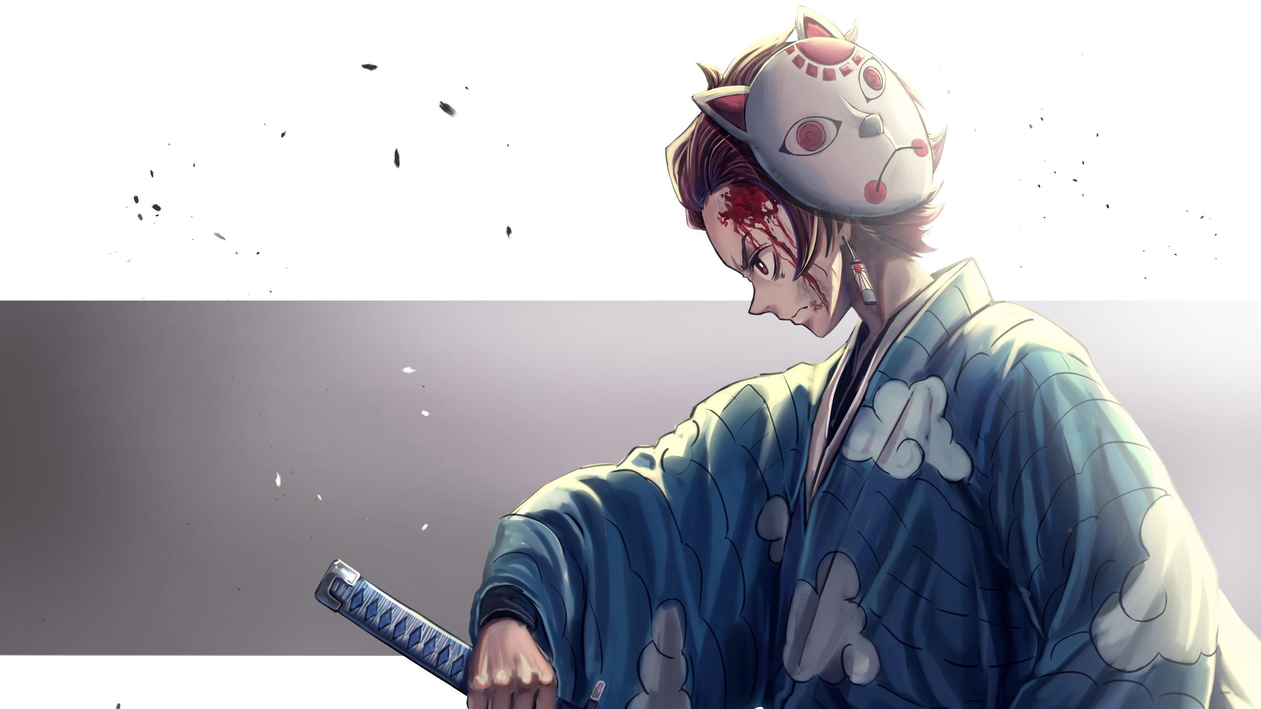 2560x1440 Demon Slayer Tanjiro Kamado Having Mask On Back Of Head With Background Of White And Gray HD Anime Wallpaper</a> Wallpaper