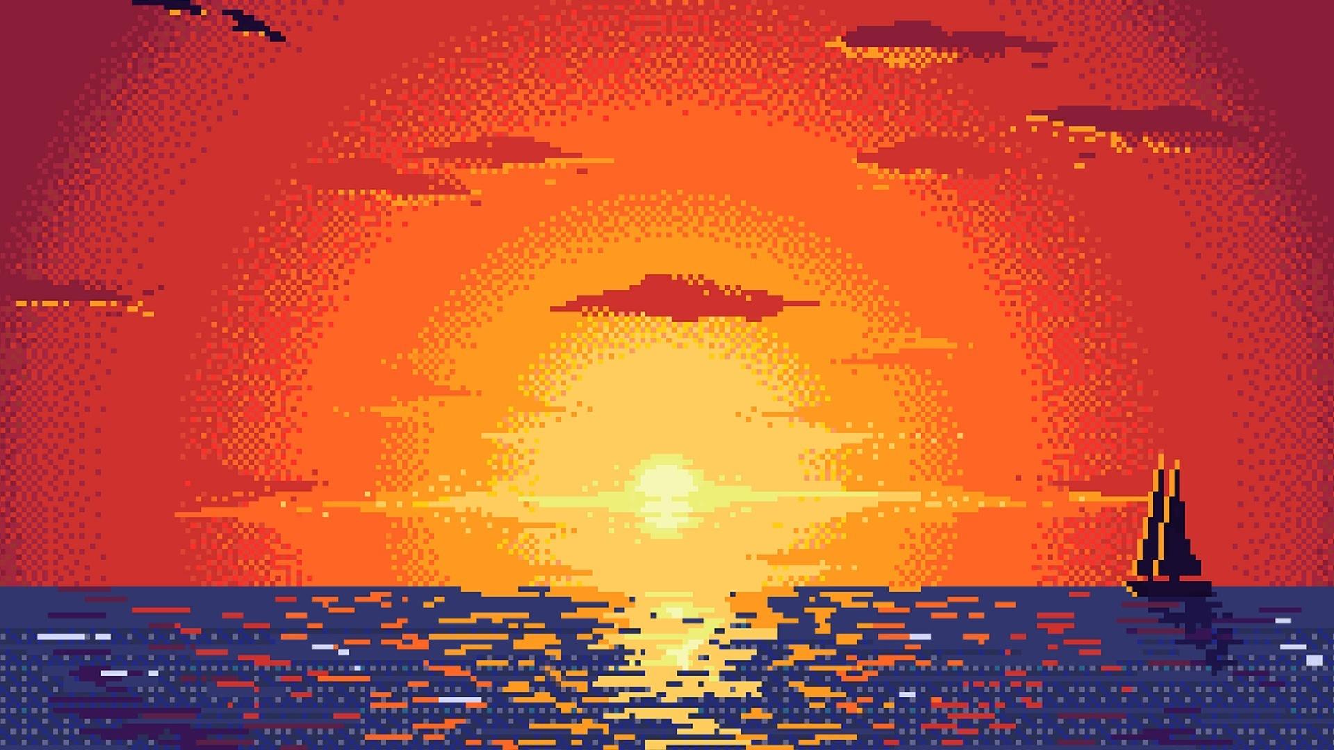1920x1080 Desktop wallpaper sunset, pixel art, abstract, HD image, picture, background, 0047e2