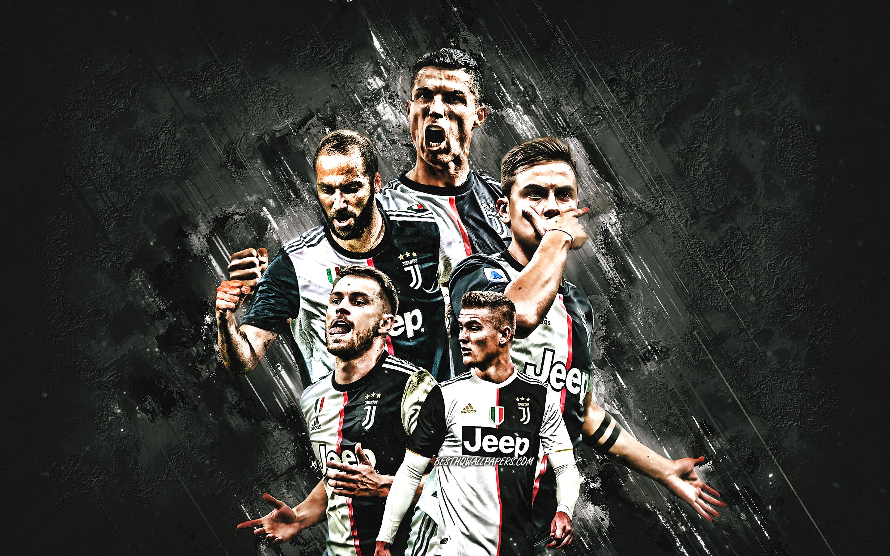 2880x1800 Download wallpaper Juventus FC, Italian Football Club, Turin, Italy, Serie A, Champions League, Juventus players, stone background, football, Cristiano Ronaldo, Paulo Dybala, Gonzalo Gerardo Higuain, Matthijs de Ligt for desktop with resolution