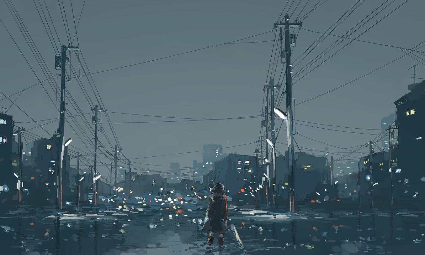 1355x815 Anime Scenery Wallpaper Rain