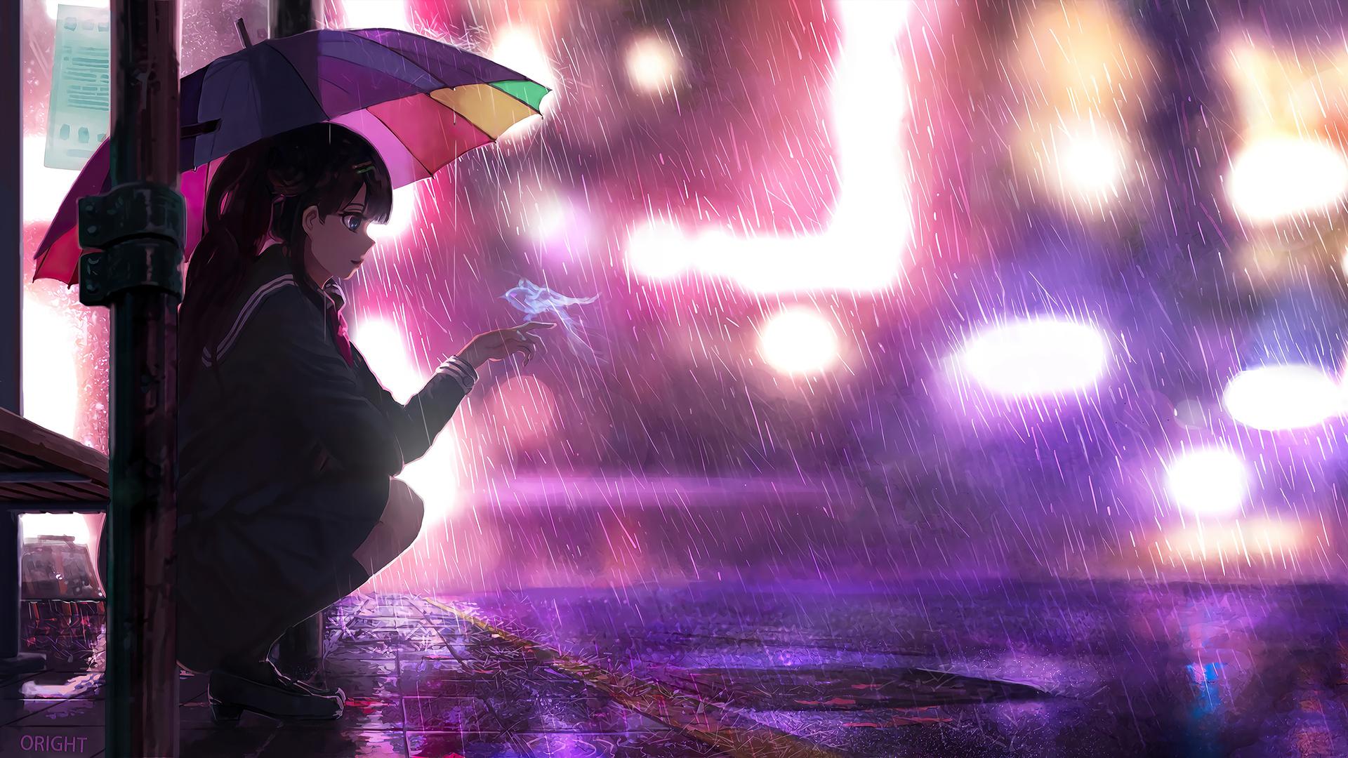 1920x1080 Umbrella Rain Anime Girl 4k Laptop Full HD 1080P HD 4k Wallpaper, Image, Background, Photo and Picture