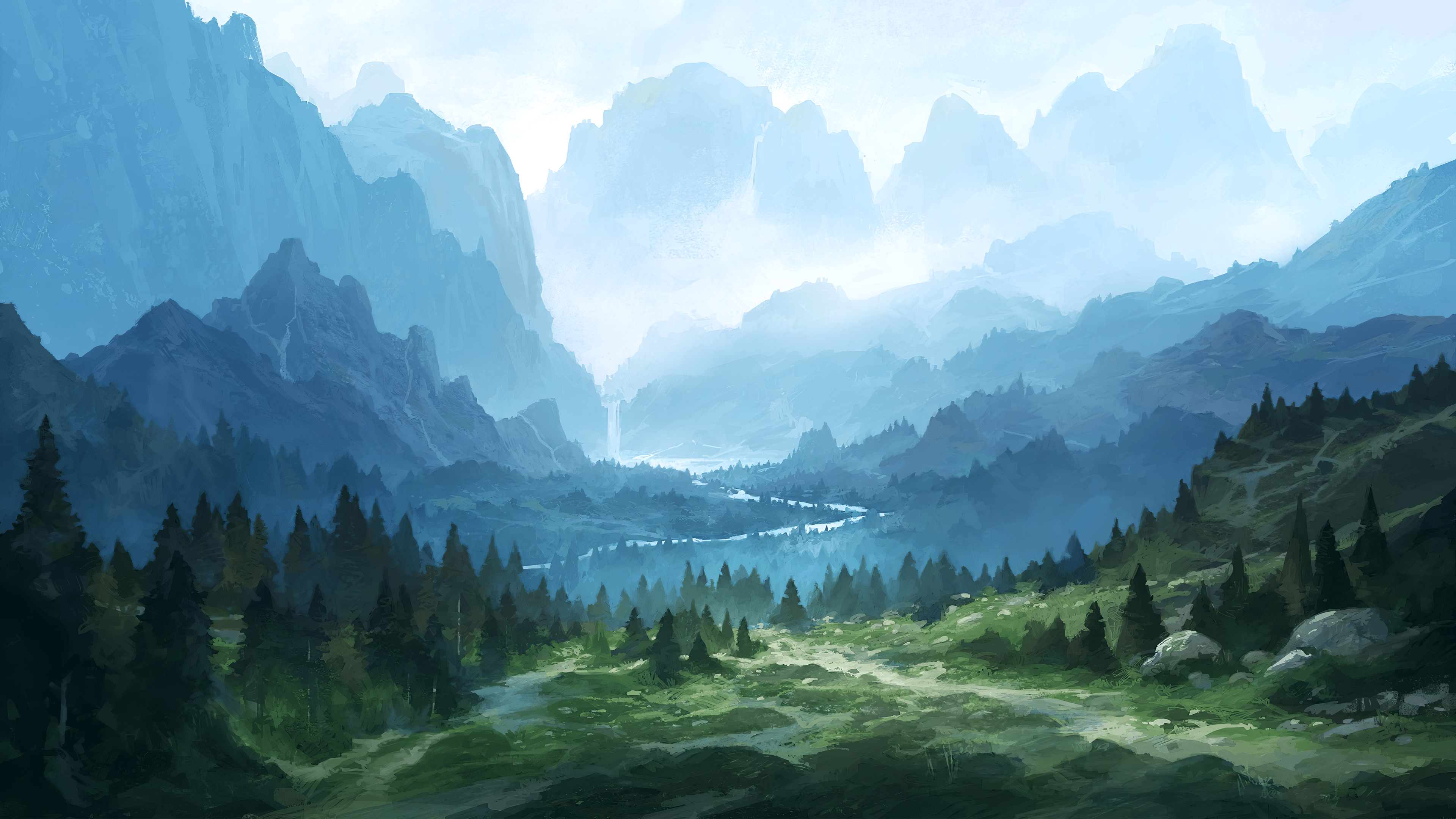 3840x2160 Download 3840x2160 Fantasy Landscape, Mountains, Waterfall, River Wallpaper for UHD TV