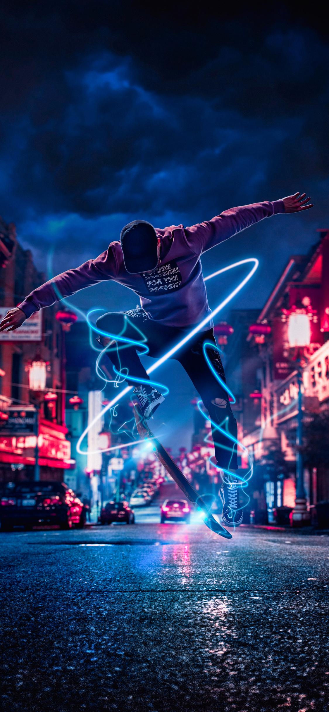 1125x2436 skateboard wallpaper, street dance, performance, event, performing arts, dance, neon, night, graphic design