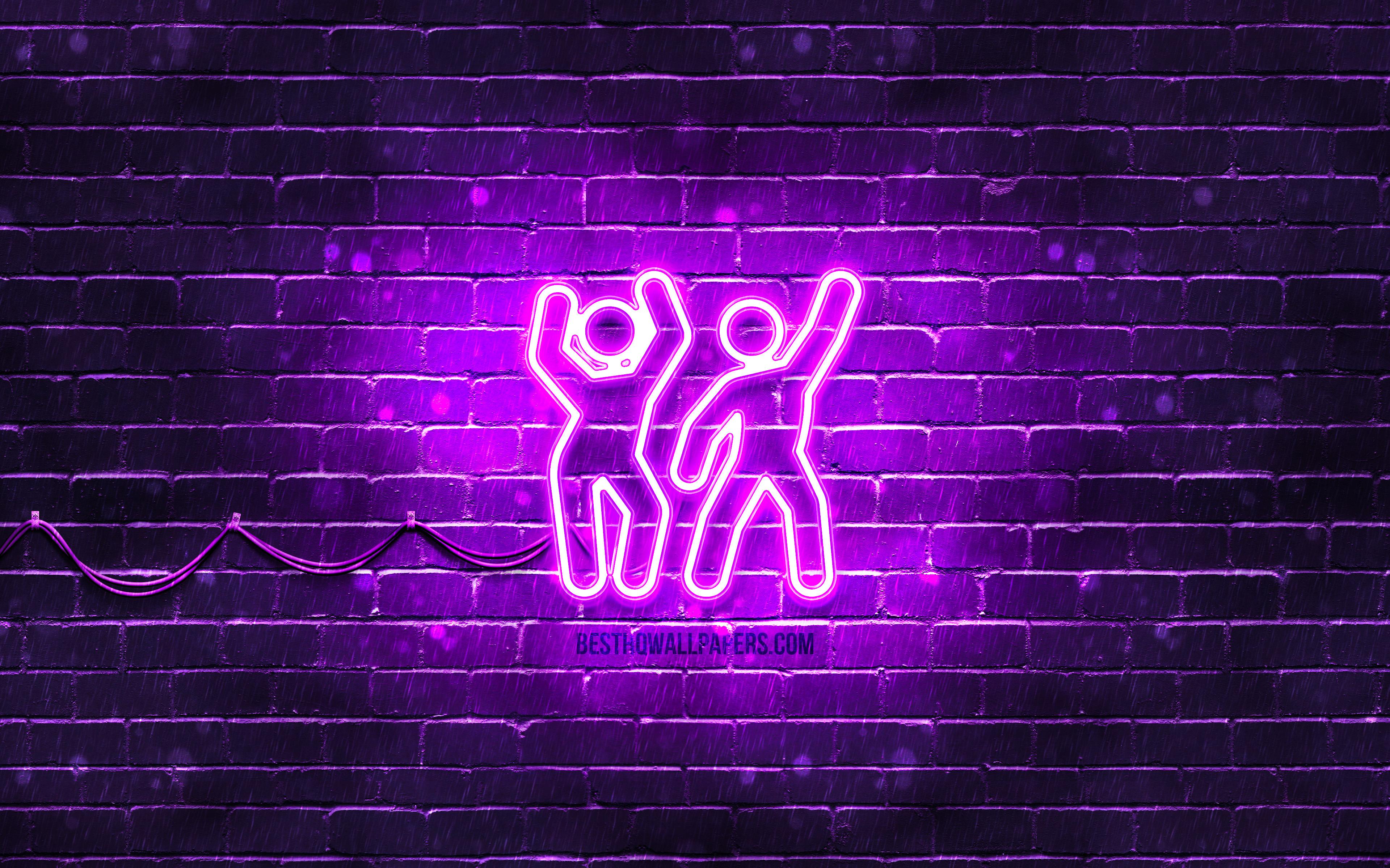3840x2400 Download wallpaper Dance party neon icon, 4k, violetbackground, neon symbols, Dance party, neon icons, Dance party sign, people signs, Dance party icon, people icons for desktop with resolution 3840x2400. High Quality HD