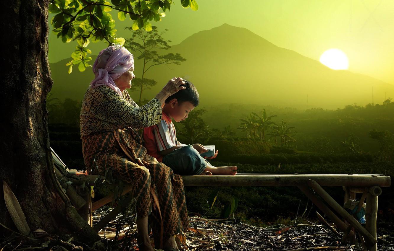 1332x850 Wallpaper grandma, grandson, Sunny Morning image for desktop, section настроения