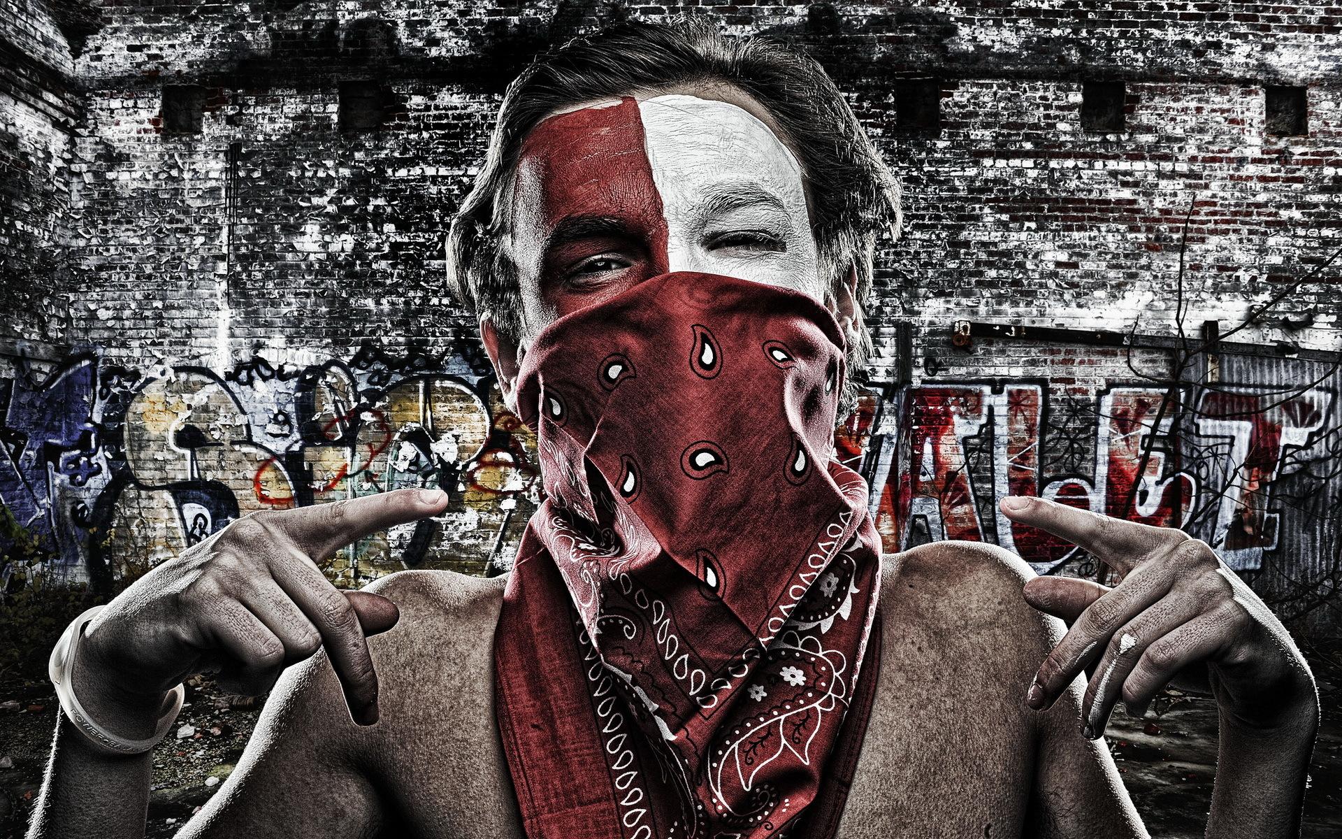 1920x1200 men, Males, Urban, Mask, Bandana, Face, Eyes, Pov, Graffiti, Bricks, People Wallpaper HD / Desktop and Mobile Background