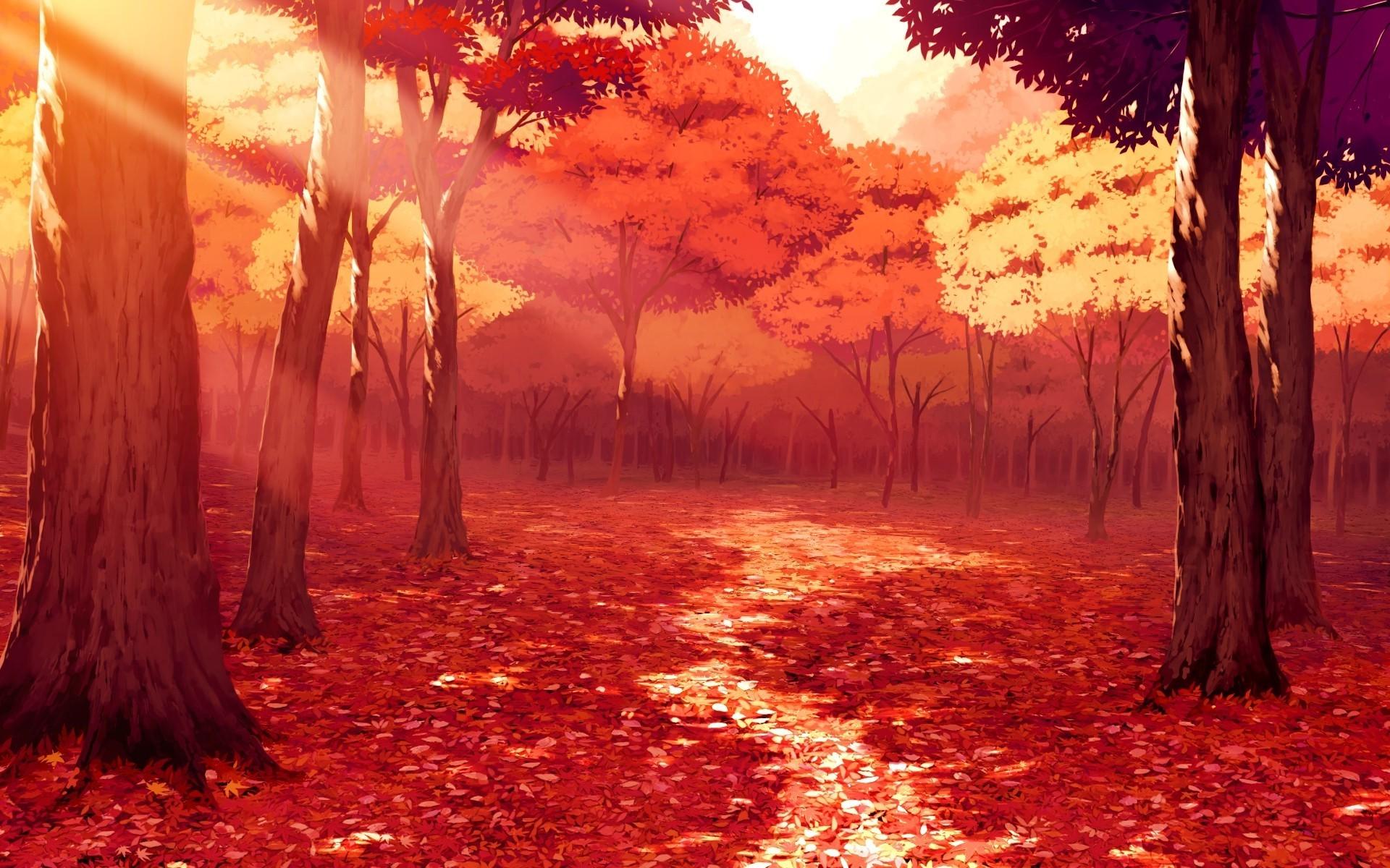 1920x1200 drawing artwork fall leaves sunlight forest red anime wallpaper