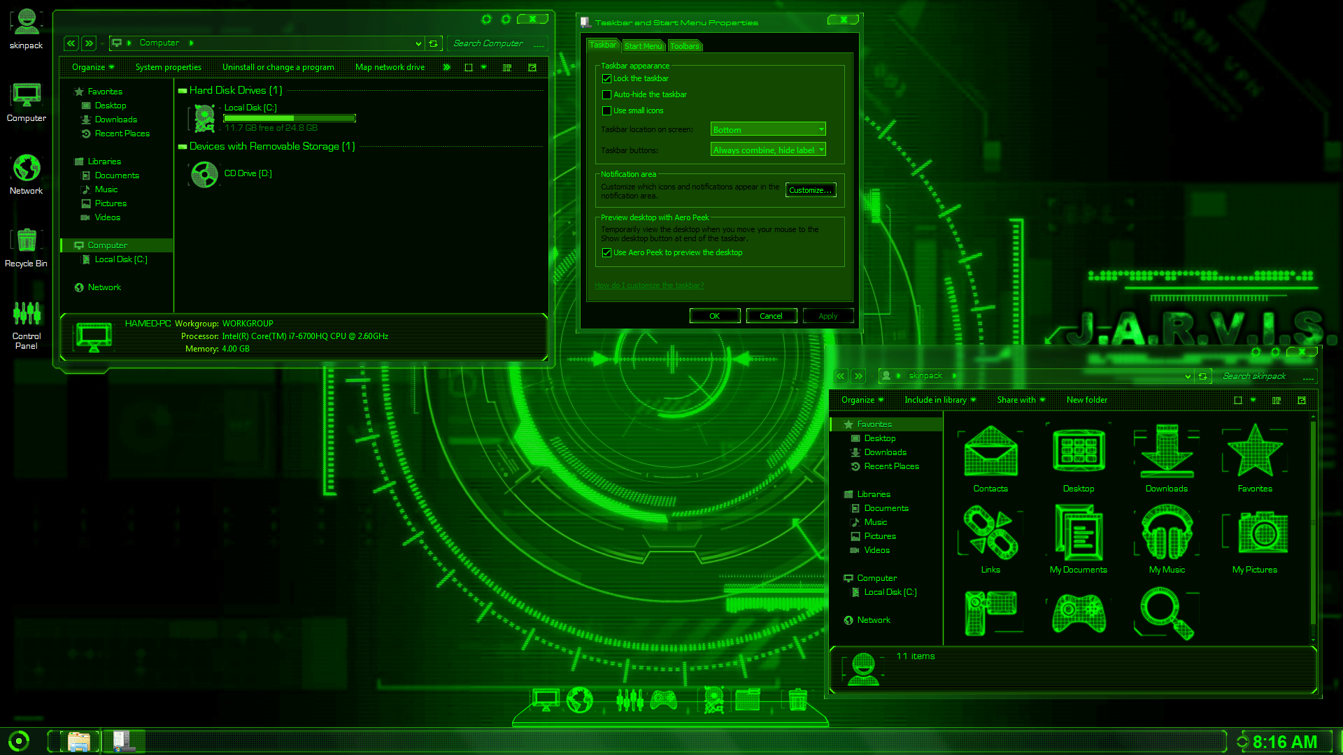 1920x1080 Jarvis Green SkinPack Pack Theme for Windows 10