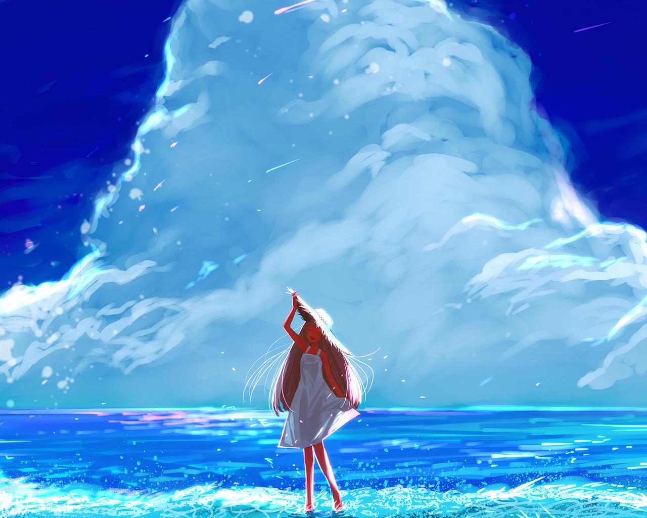 1280x1024 Anime Girl Beach Happy Long Hair Clouds 4k 1280x1024 Resolution HD 4k Wallpaper, Image, Background, Photo and Picture