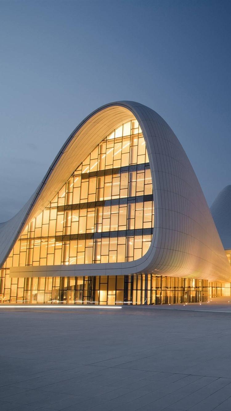 750x1334 iPhone Wallpaper Modern Architecture, Cityscape, Lights Hadid Building Baku