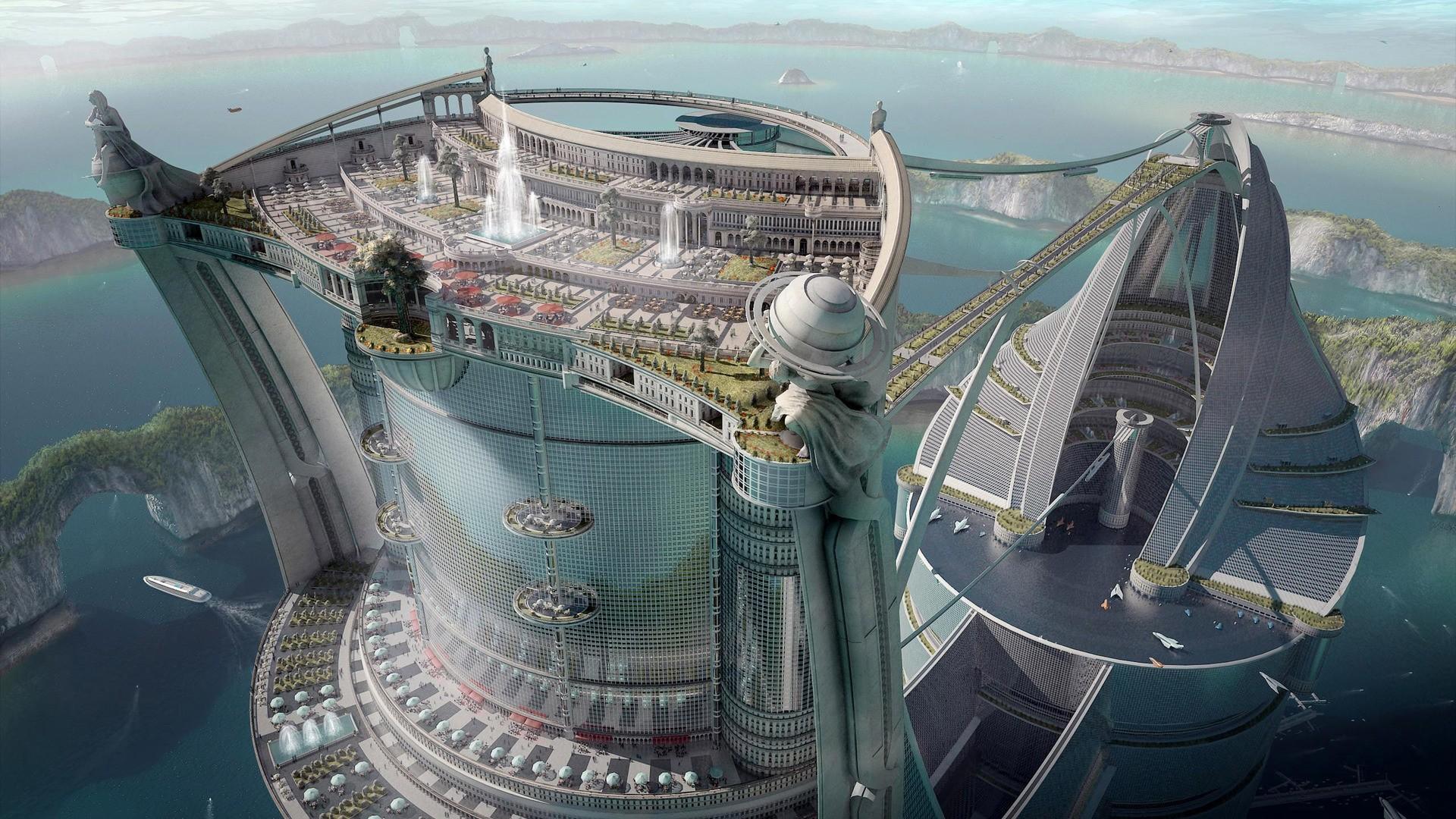 1920x1080 #birds eye view #modern #architecture #artwork #digital art #building #skyscraper #science fiction #cityscape #futuristic wallpaper. Mocah HD Wallpaper