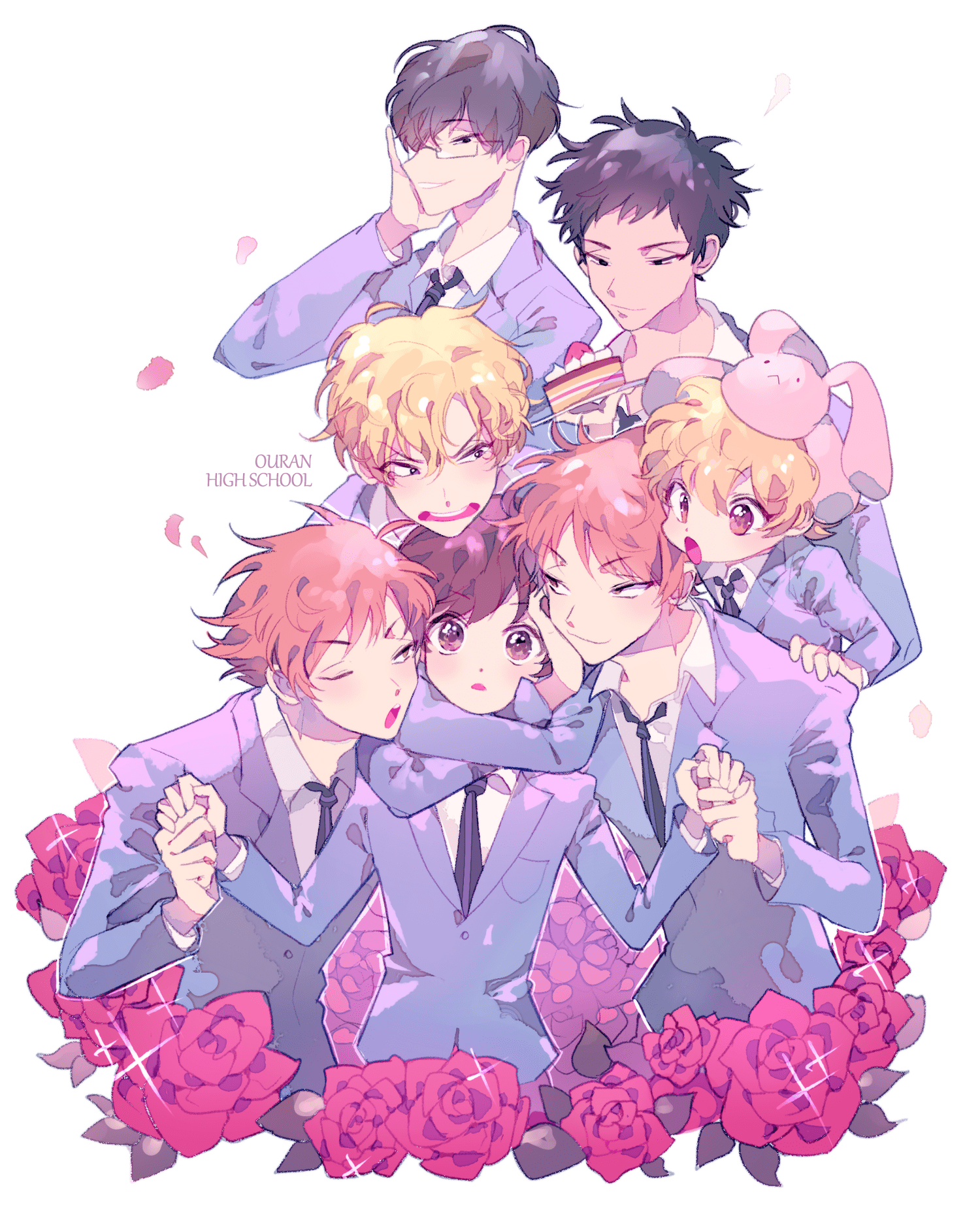 1500x1858 fujioka haruhi, suou tamaki, hitachiin hikaru, haninozuka mitsukuni, hitachiin kaoru, and 2 more (ouran high school host club) drawn