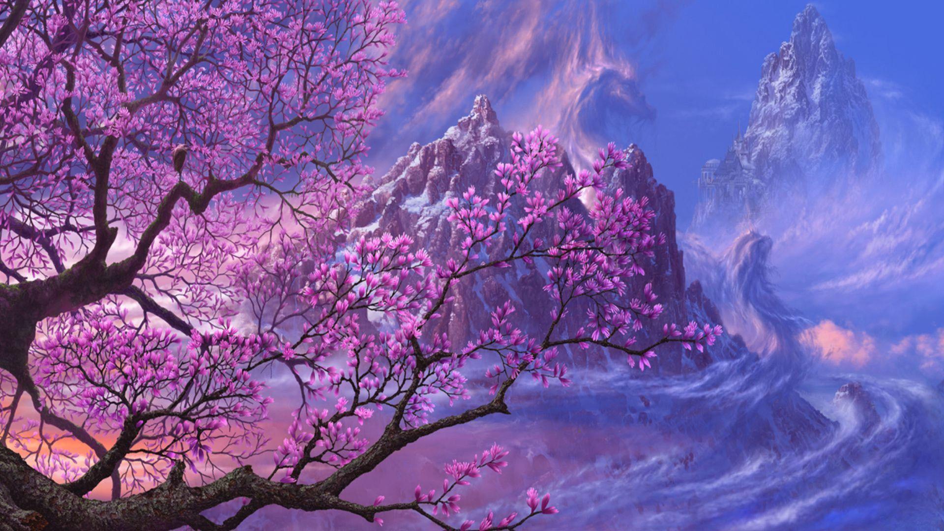 1920x1080 trees dragons purple fantasy art Asia artwork anime wallpaper background. Landscape wallpaper, Tree wallpaper, Tree art