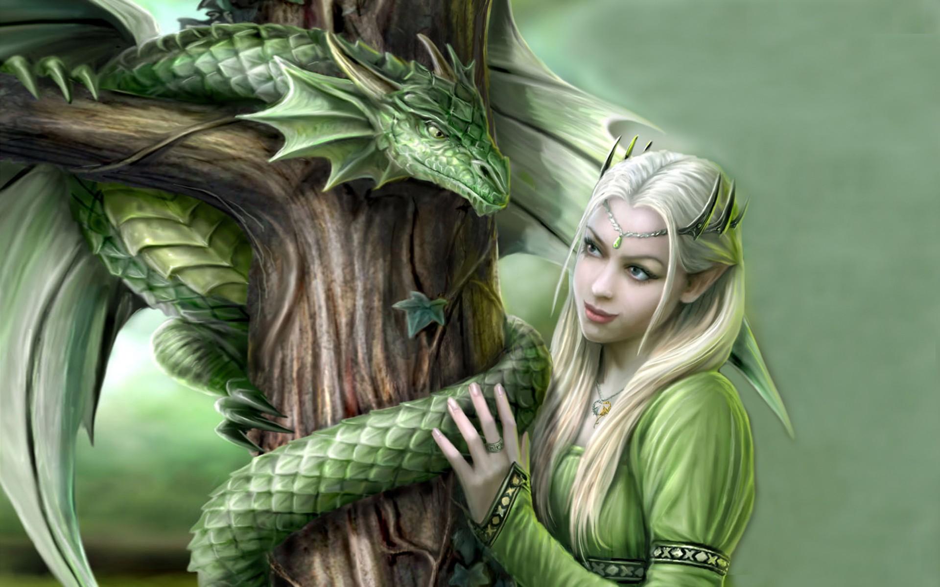 1920x1200 Green Dragon And Princess Fantasy Digital Art HD Desktop Wallpaper :