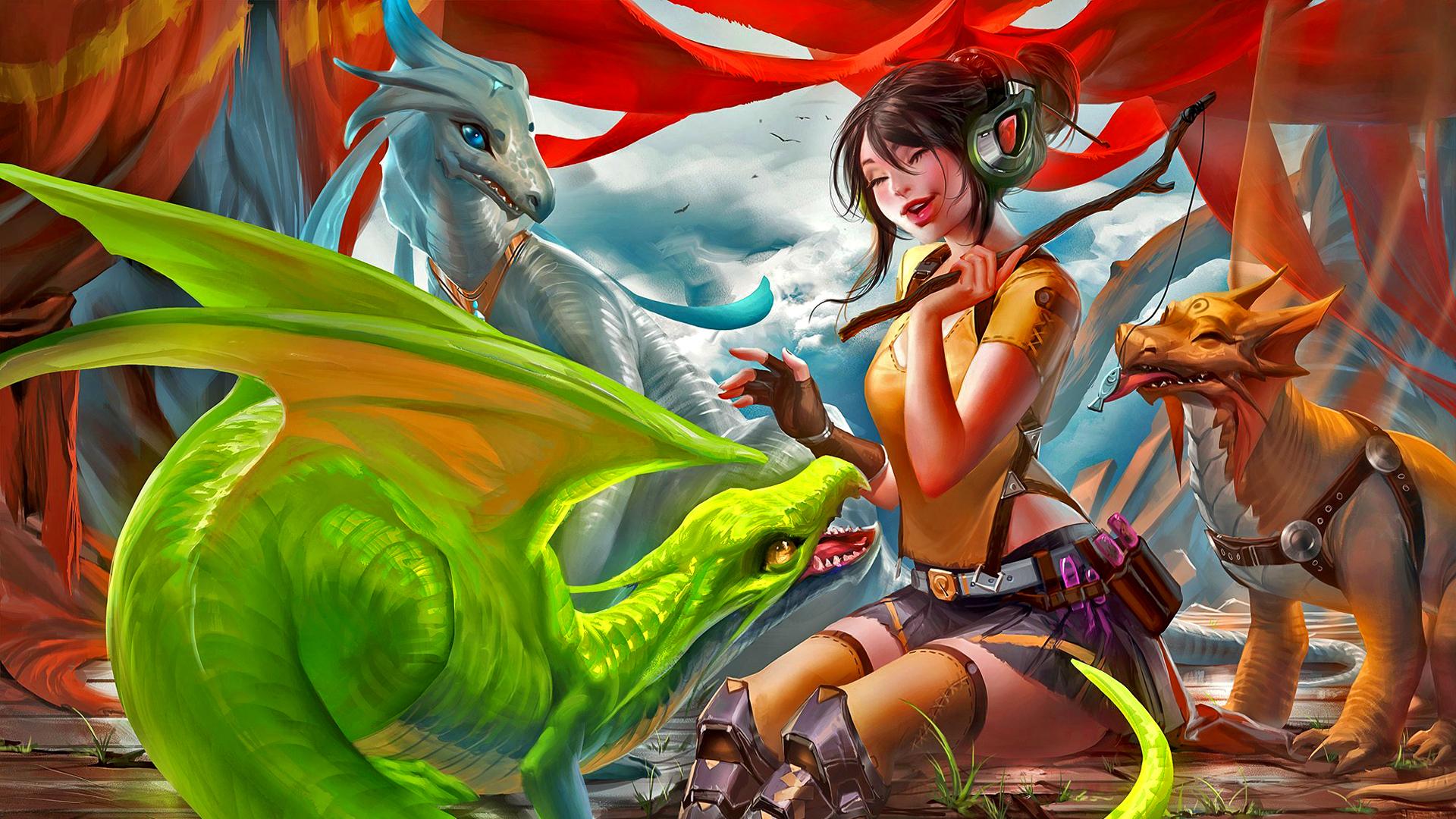 1920x1080 magic, fantasy, women, music, dragon wallpaper