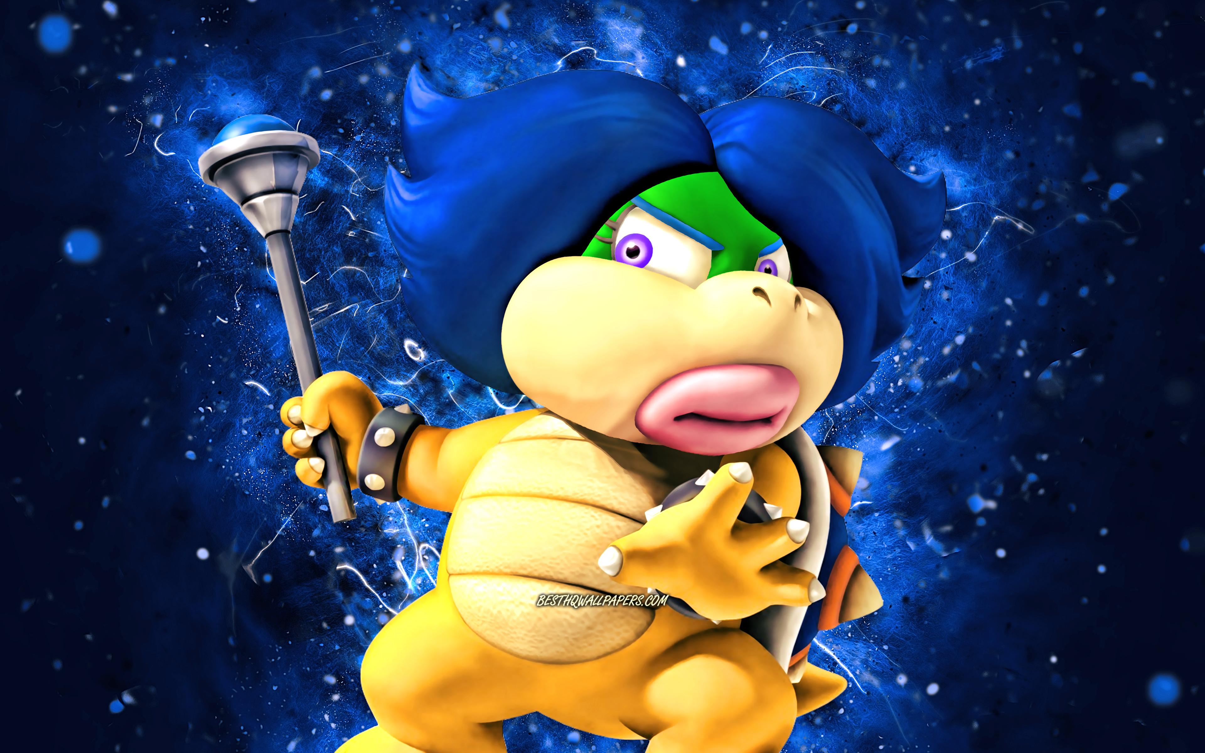 3840x2400 Download wallpaper Ludwig von Koopa, 4k, cartoon dinosaur, blue neon lights, Super Mario, creative, Super Mario characters, Ludwig von Koopa Super Mario for desktop with resolution 3840x2400. High Quality HD picture wallpaper