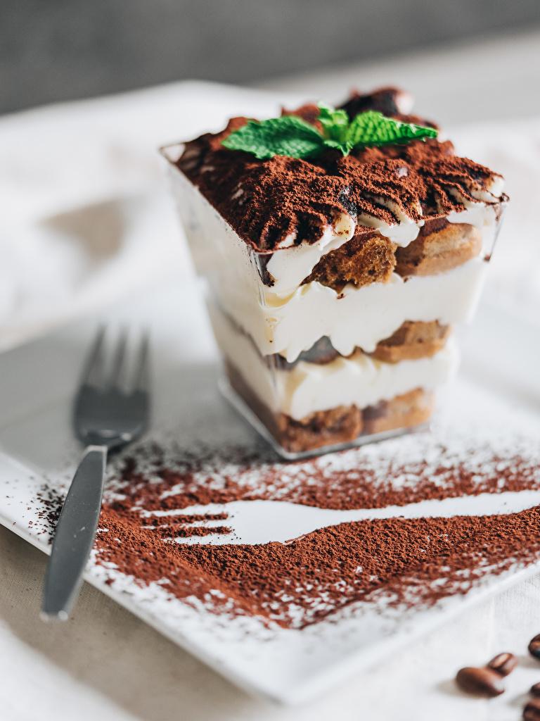 768x1024 Photo Tiramisu Cocoa solids Dessert Fork Food Little cakes