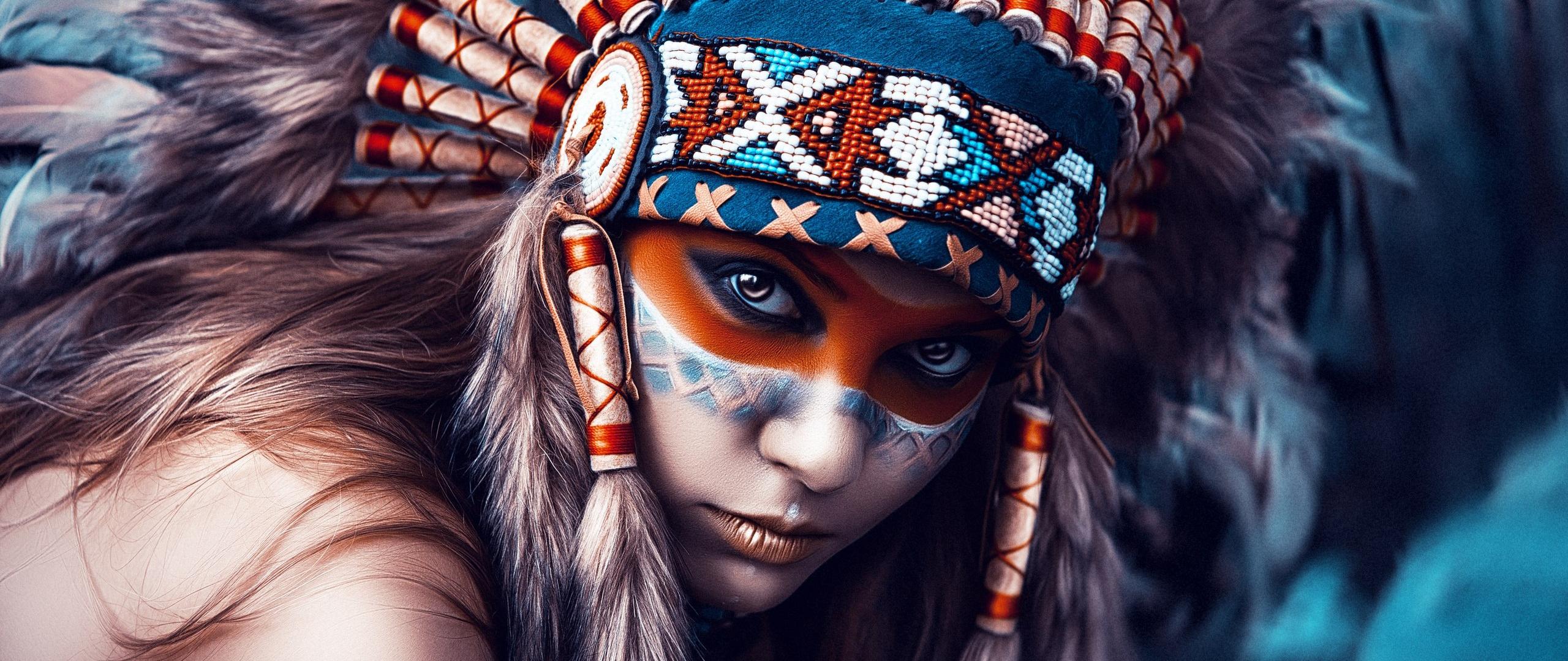 2560x1080 Desktop Wallpaper Native American, Woman, Artwork, Makeup, HD Image, Picture, Background, 9km9gi