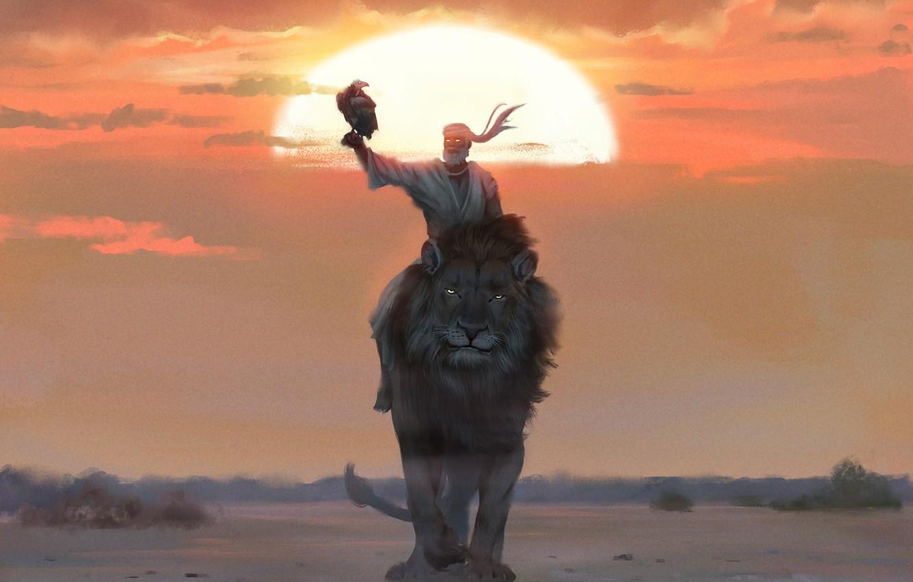 1332x850 Wallpaper Fantasy, Sunset, Lion, Sun, Man, Eagle, Artist, Digital Art, Artwork, Fantasy Art, Orange Eyes, White Hair, Orange Sky, Riding, Glowing Eyes, Mael Ollivier Henry Image For Desktop, Section фантастика