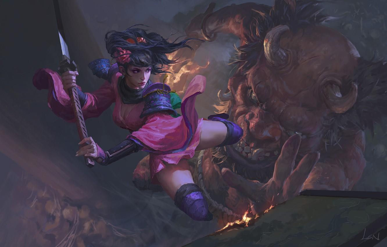 1332x850 Wallpaper demon, fire, girl, sword, fantasy, horns, weapon, katana, digital art, artwork, Samurai, warrior, fantasy art, creature, illustration, fantasy girl image for desktop, section прочее