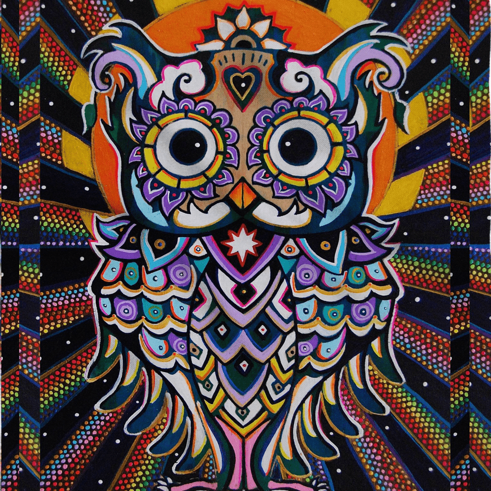 1000x1000 Radiant Owl Bandana. Owl wallpaper, Owl painting, Art