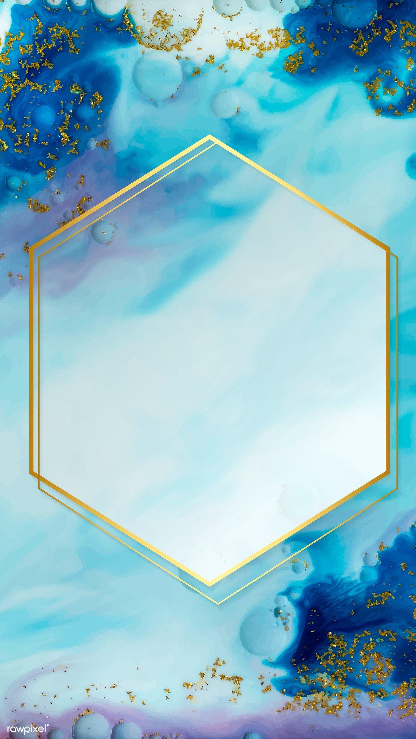 1400x2488 Hexagon gold frame on abstract blue watercolor phone background vector. free image by rawpix. Black abstract background, Blue and gold wallpaper, Blue watercolor