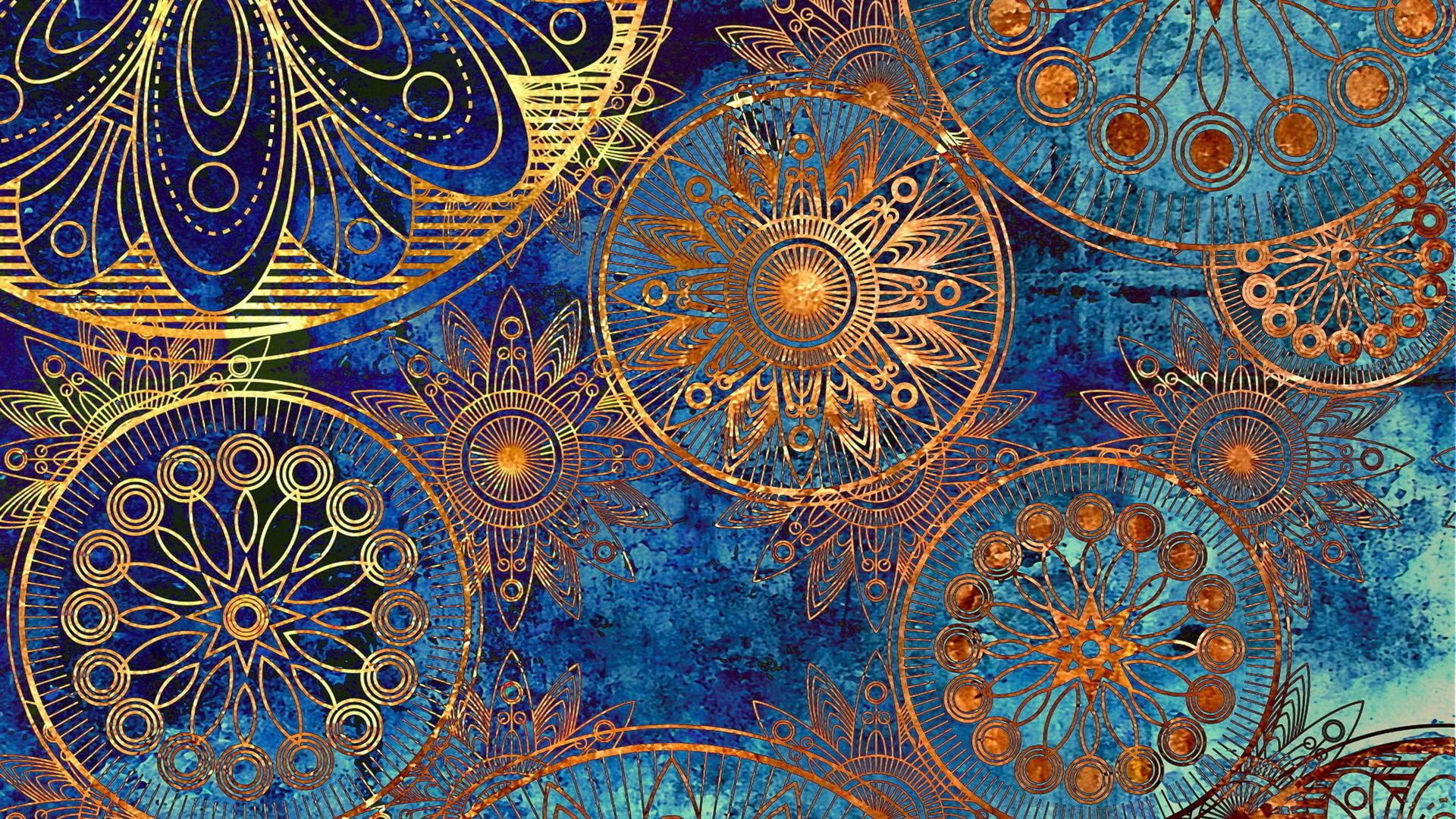 1920x1080 Gold Blue Round Flowers Art HD Abstract Wallpaper