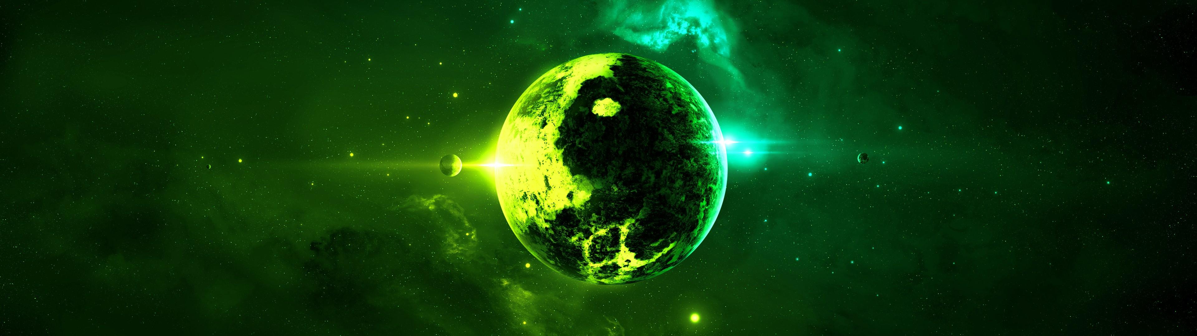 3840x1080 double planet green Wallpaper HD / Desktop and Mobile Background