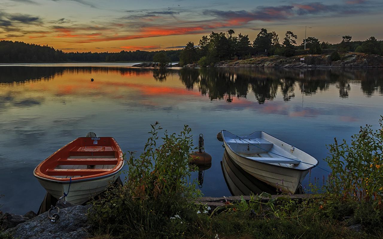 1280x800 Desktop Wallpaper Sweden Nature Lake sunrise and sunset Pier Boats