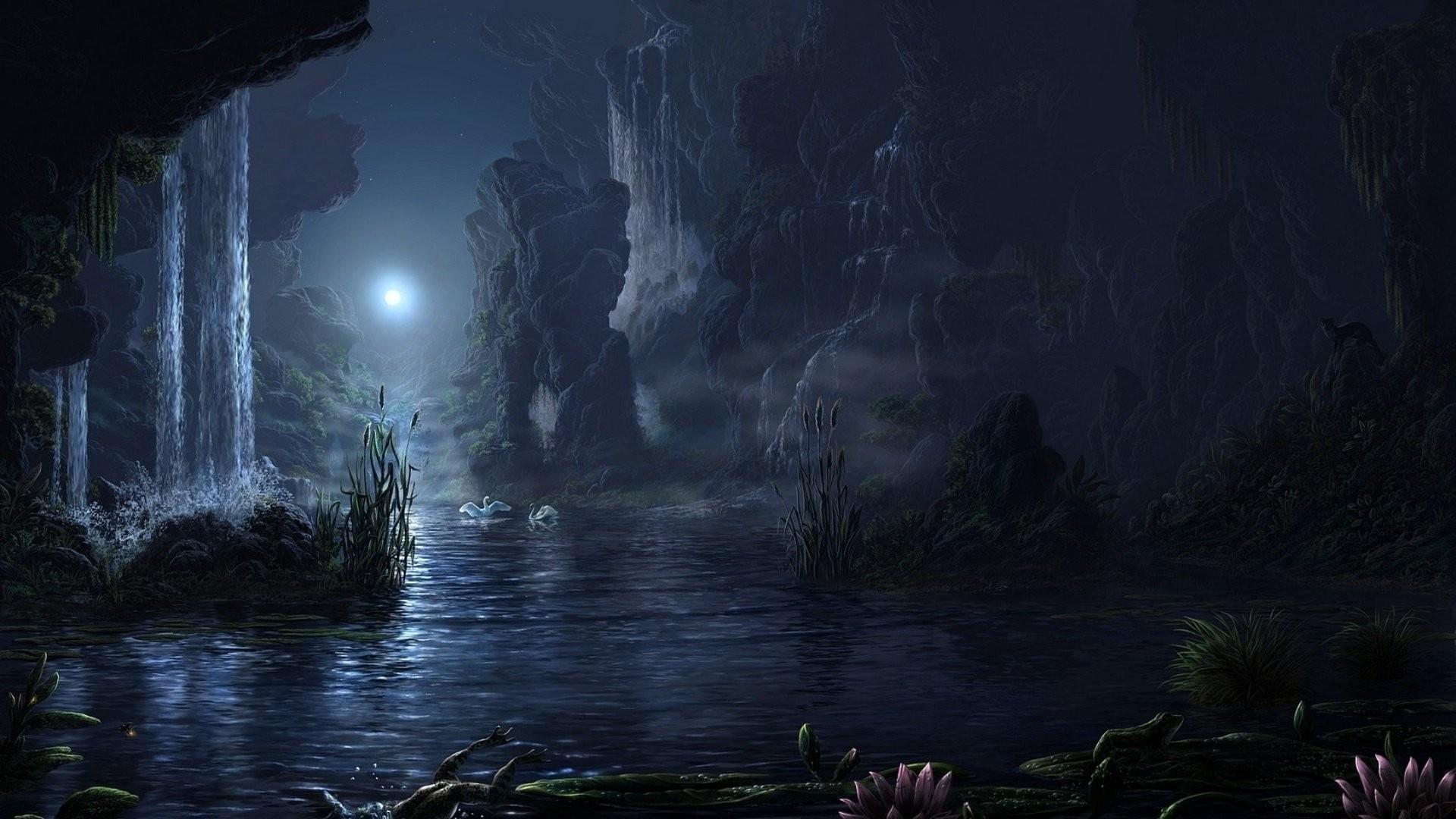 1920x1080 Night Landscape, vector Wallpaper, Animal, Picture, Desktop Wallpaper, fantasy, Waterfall, Moon, Beauty, Fantasy Wallpaper, Laptop, Lake. Full HD Wallpaper