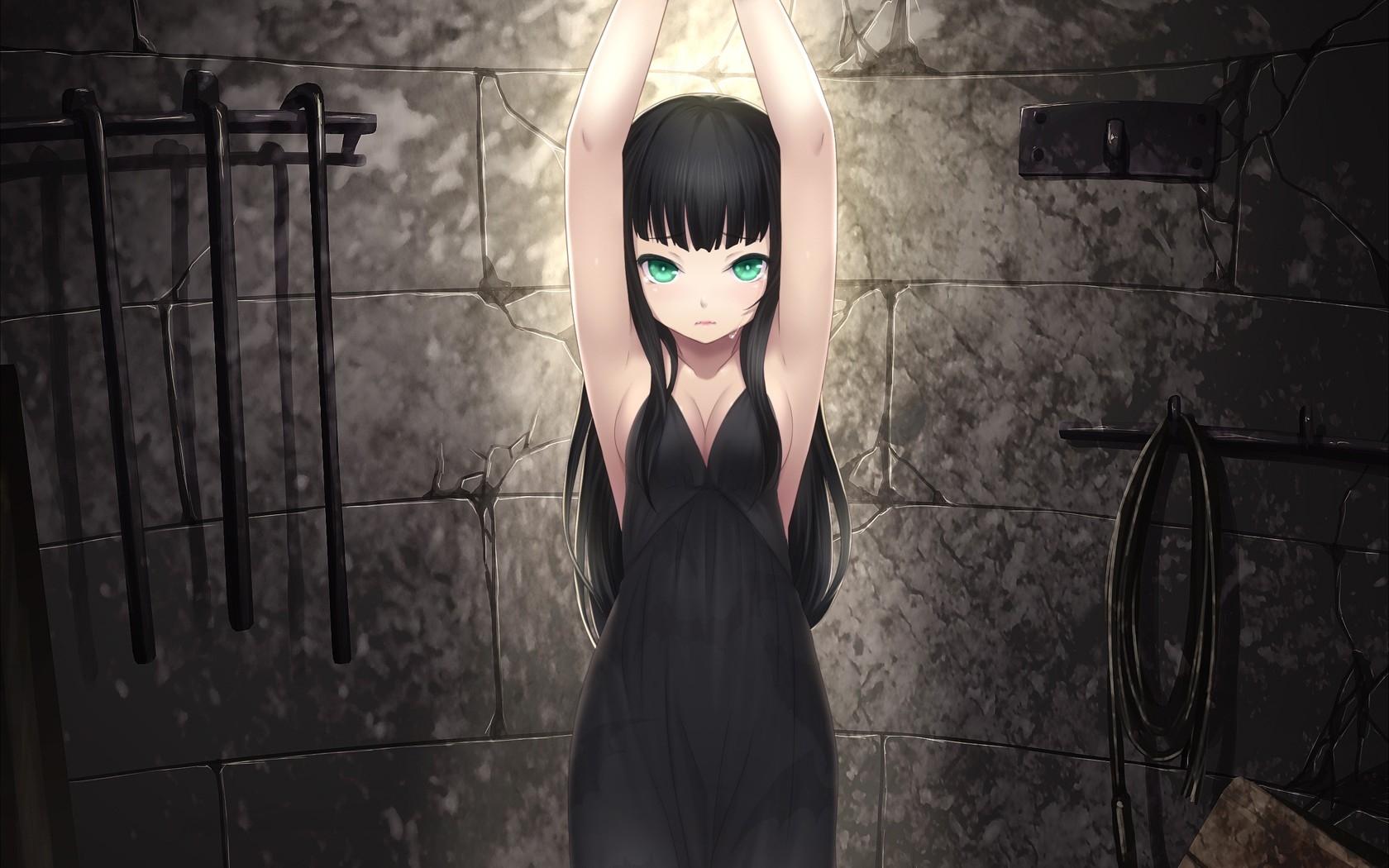 1680x1050 dress cleavage tears long hair whips green eyes crying anime girls black hair 1680x1050 wallpaper