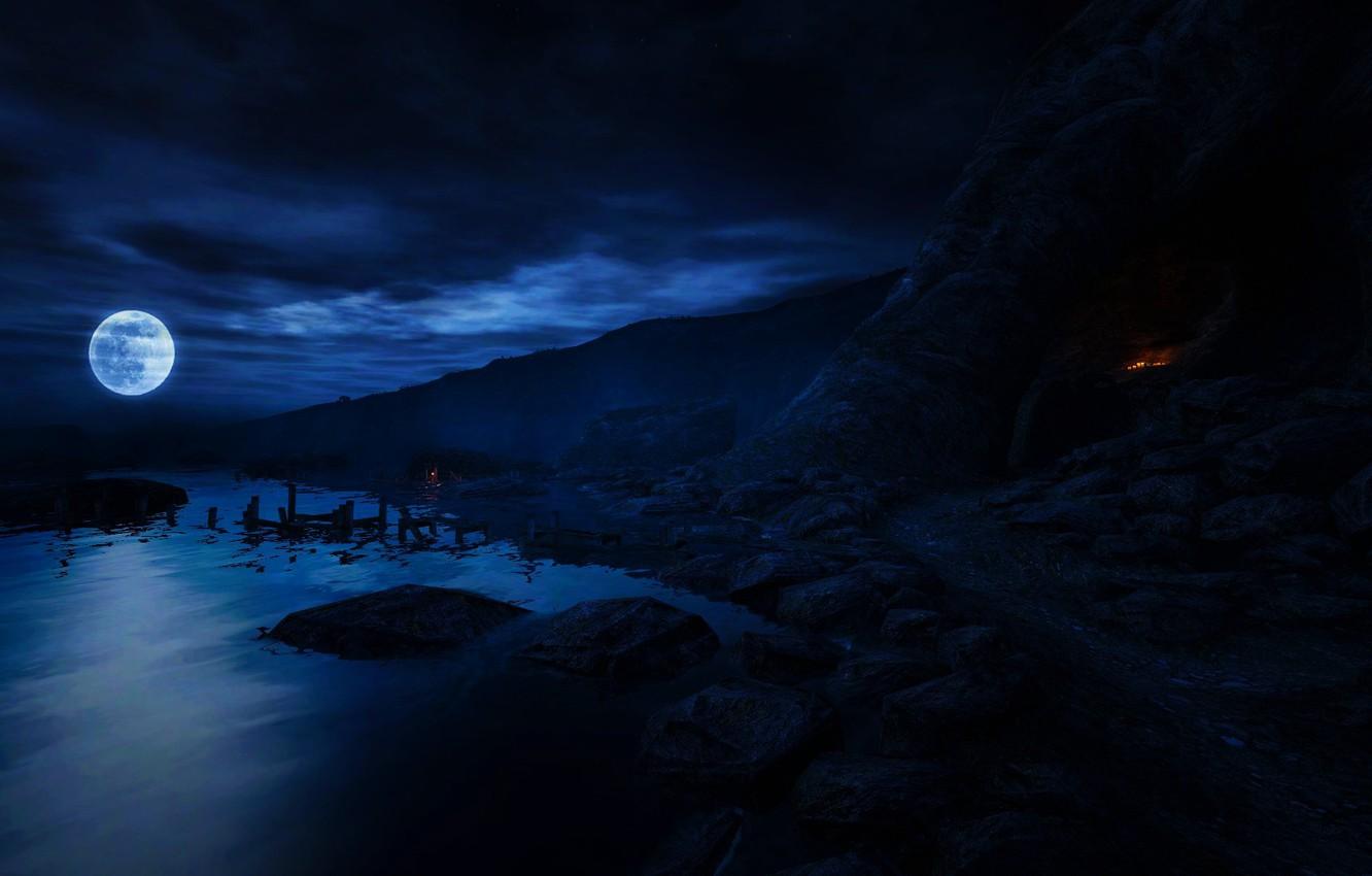 1332x850 Wallpaper surface, Beach, Night, Rocks, The moon, moon, rock, night, water, Esther, Dear Esther, Dear Esther, dear esther, Dear Ezer, dear, Ezer image for desktop, section игры