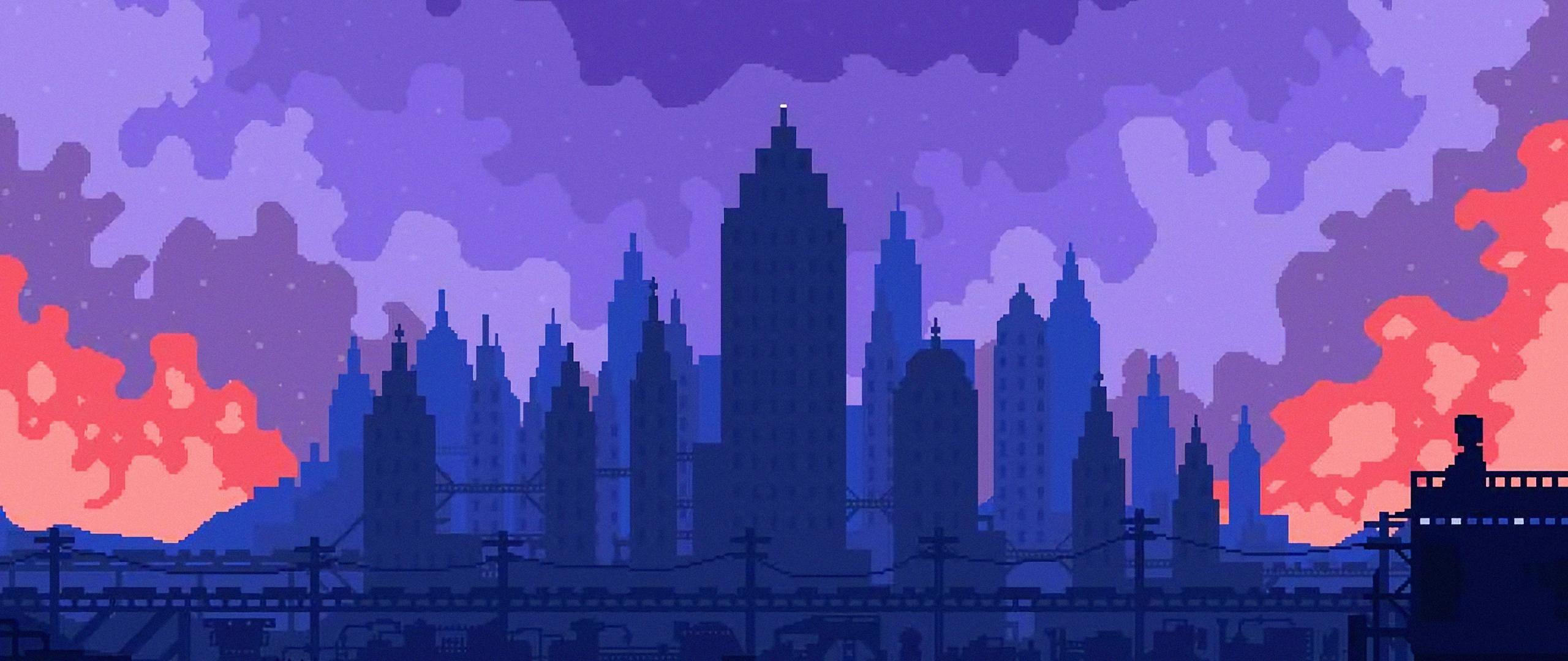 2560x1080 Download 2560x1080 wallpaper high skies, buildings, silhouette, cityscape, pixel art, dual wide, widescreen, 2560x1080 HD image, background, 22941