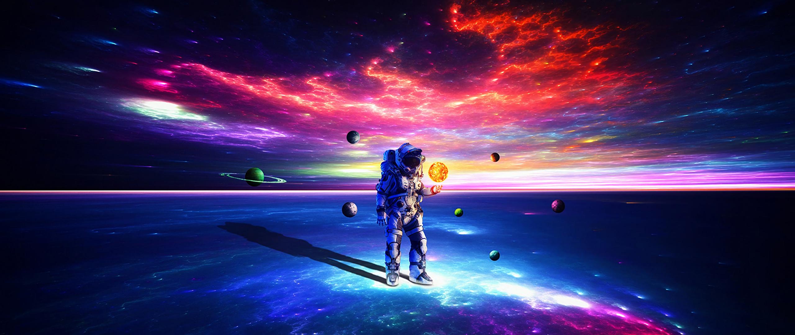 2560x1080 Download Astronaut, space suit, dark, landscape, art wallpaper, 2560x Dual Wide, Widescreen