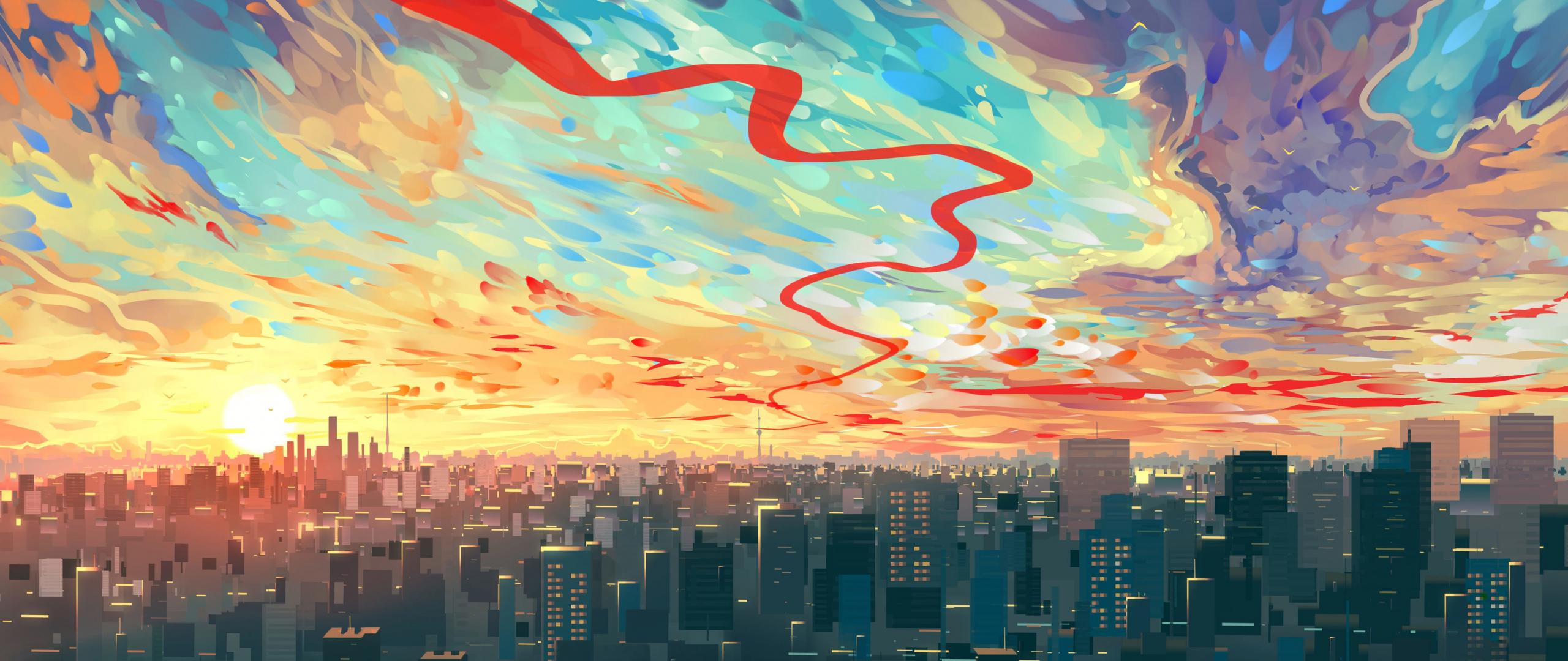2560x1080 Download 2560x1080 wallpaper clouds, cityscape, buildings, art, dual wide, widescreen, 2560x1080 HD image, background, 4066